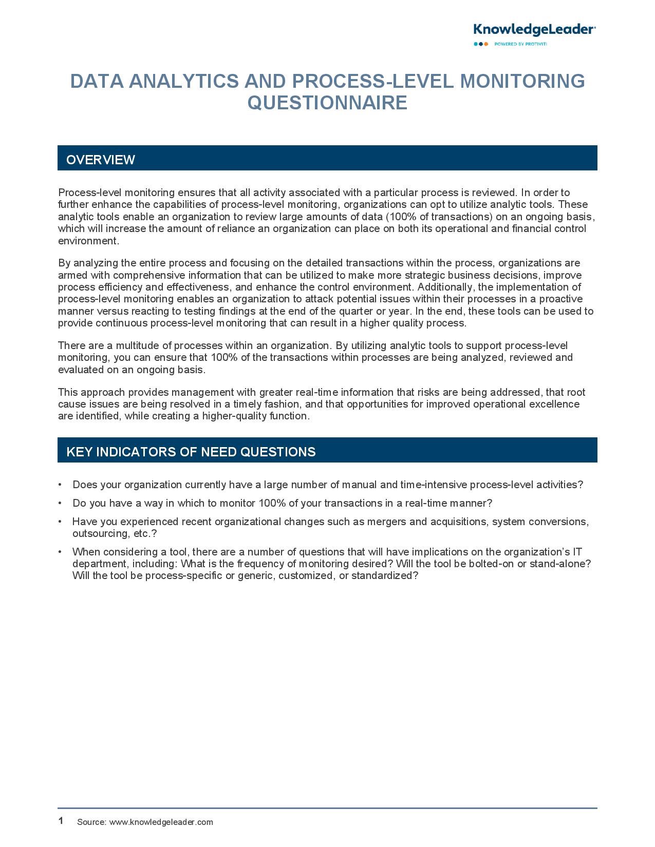 screenshot of the first page of Data Analytics and Process-Level Monitoring Questionnaire