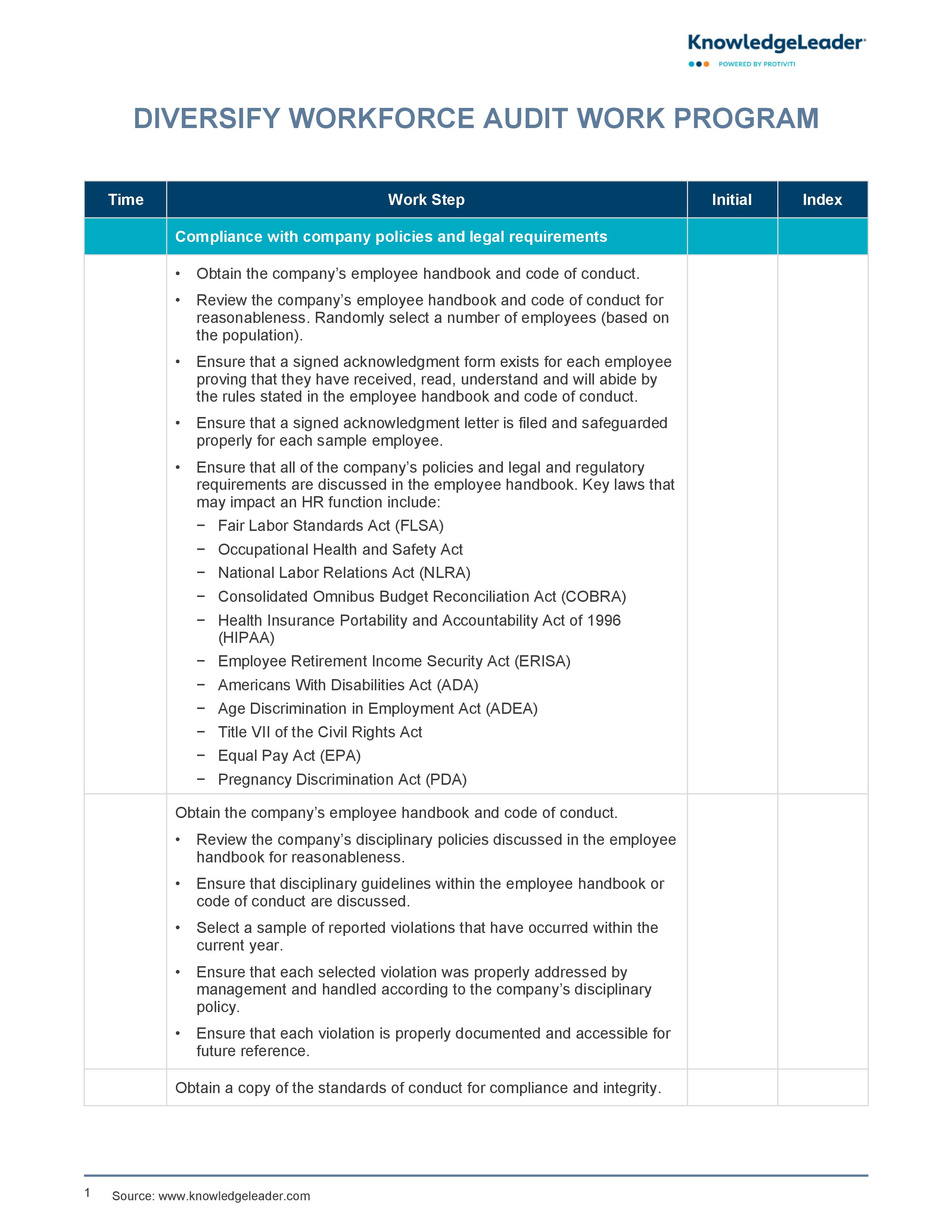 screenshot of the first page of Diversify Workforce Audit Work Program