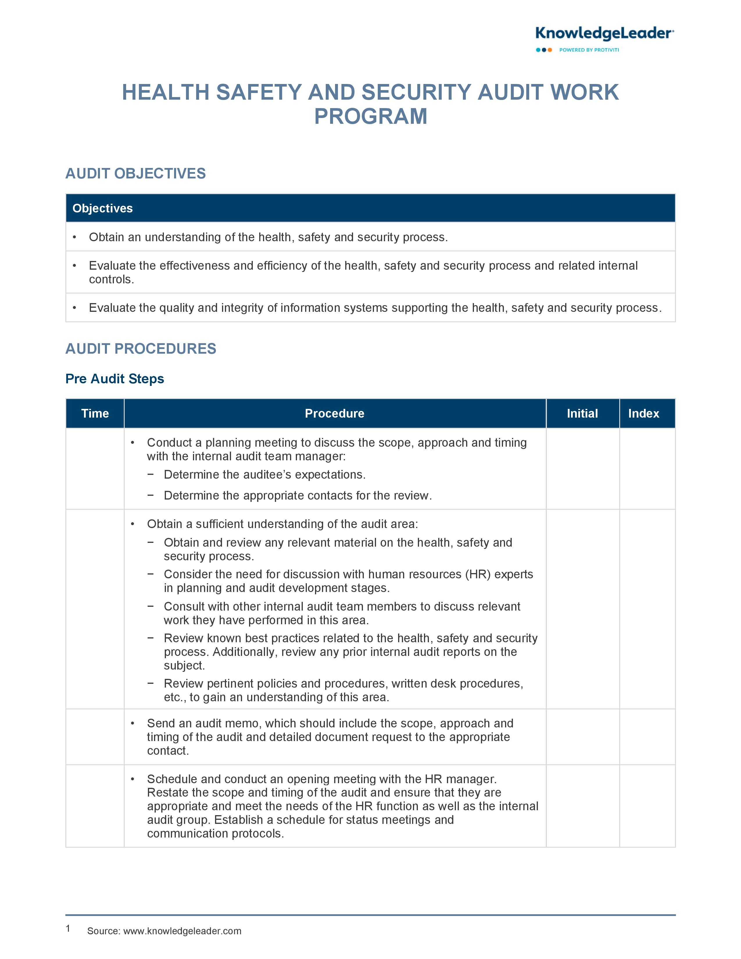 screenshot of the first page of Health, Safety and Security Audit Work Program