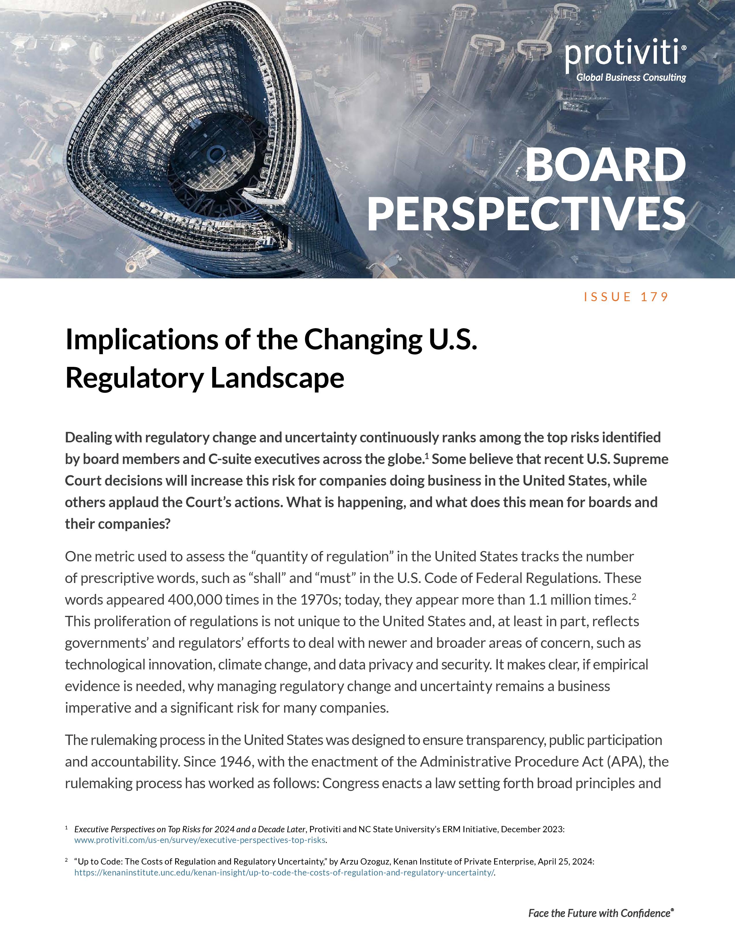 screenshot of the first page of Implications of the Changing U.S. Regulatory Landscape