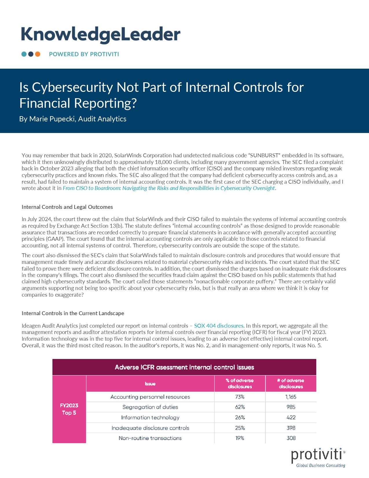 screenshot of the first page of Is Cybersecurity Not Part of Internal Controls for Financial Reporting