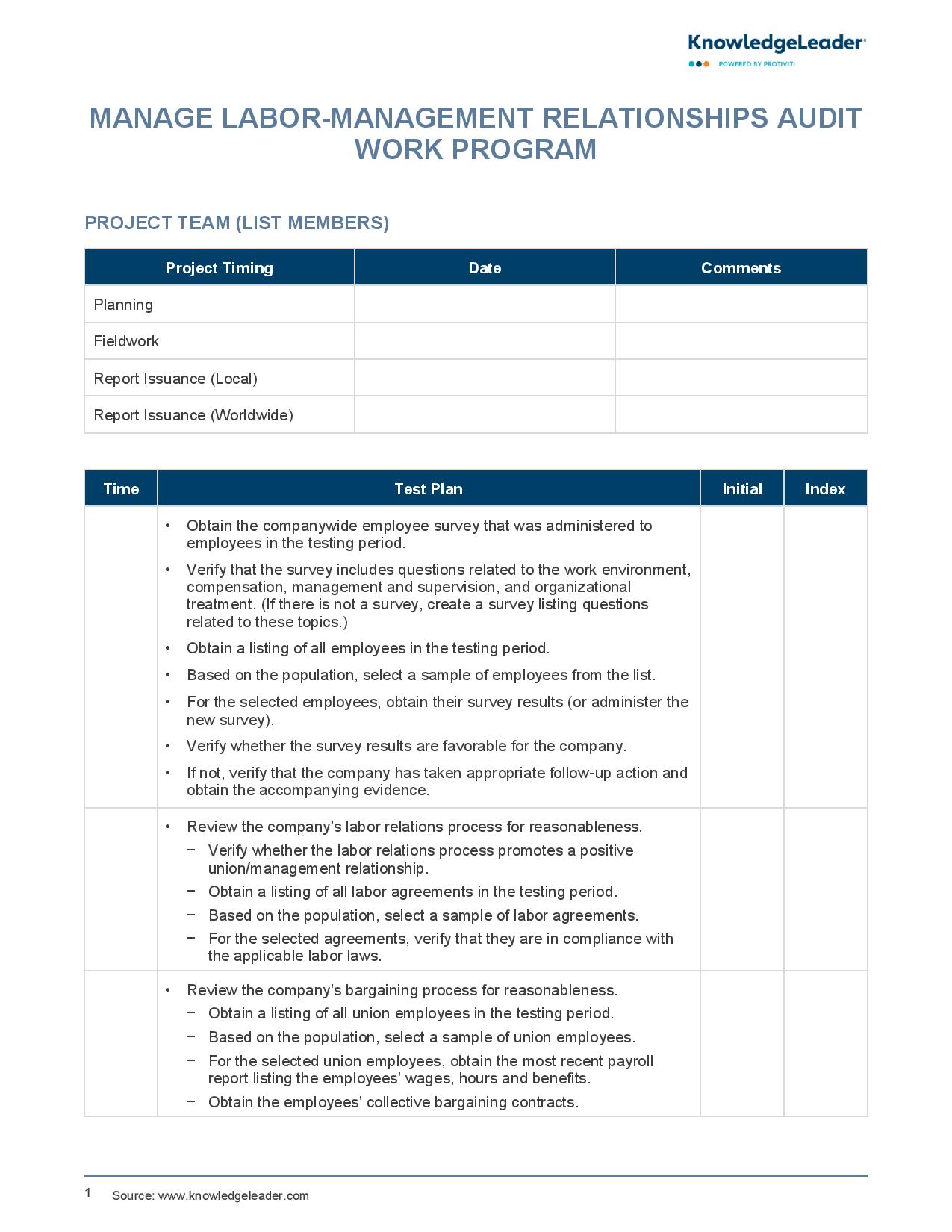 screenshot of the first page of Manage Labor-Management Relationships Audit Work Program