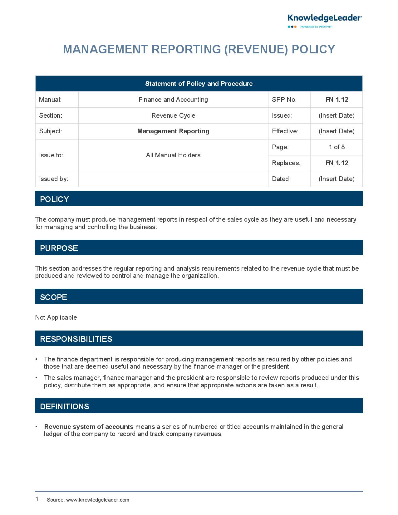 screenshot of the first page of Management Reporting Revenue Policy