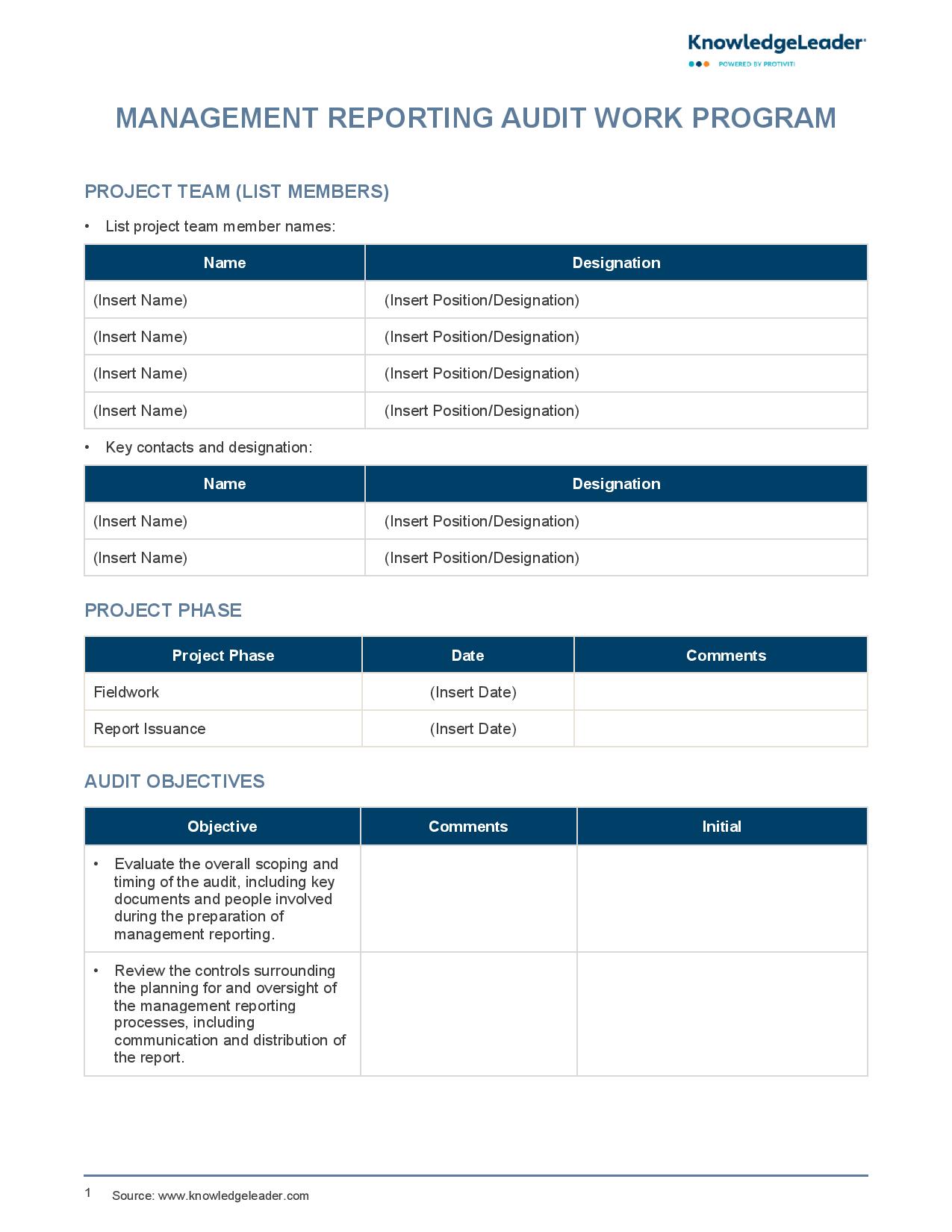 screenshot of the first page of Management Reporting Audit Work Program