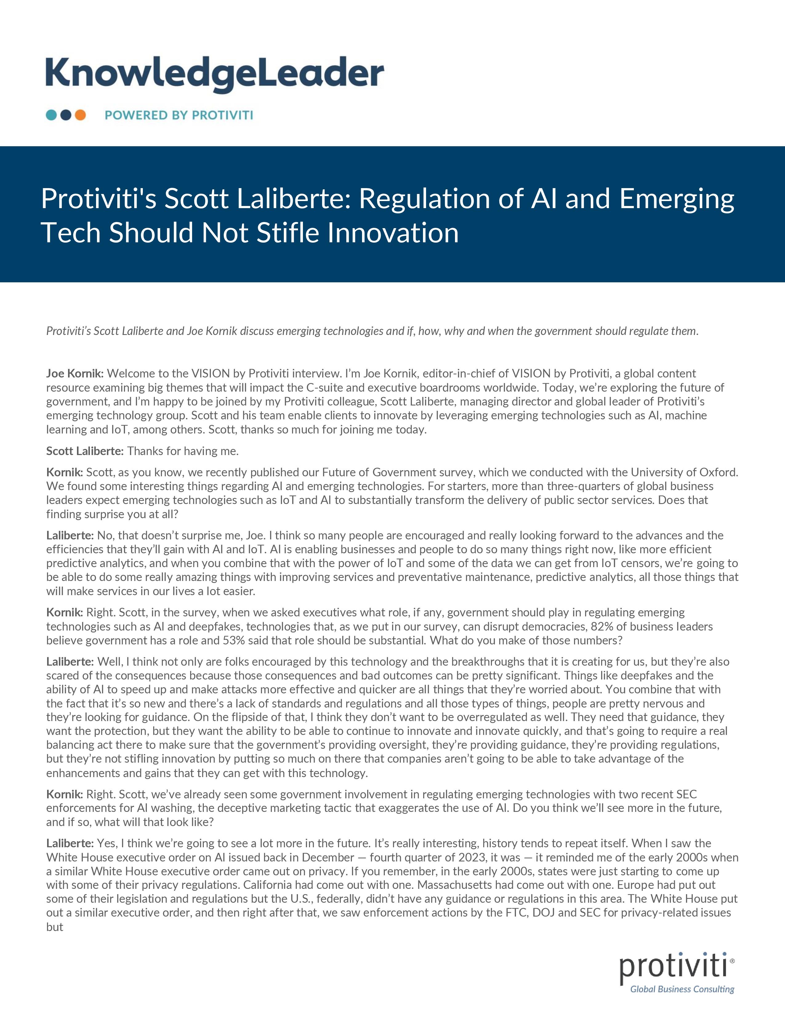 screenshot of the first page of Protiviti s Scott Laliberte Regulation of AI and Emerging Tech Should Not Stifle Innovation