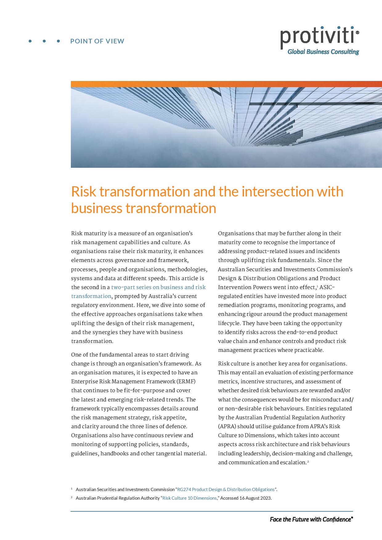 screenshot of the first page of Risk Transformation and the Intersection With Business Transformation