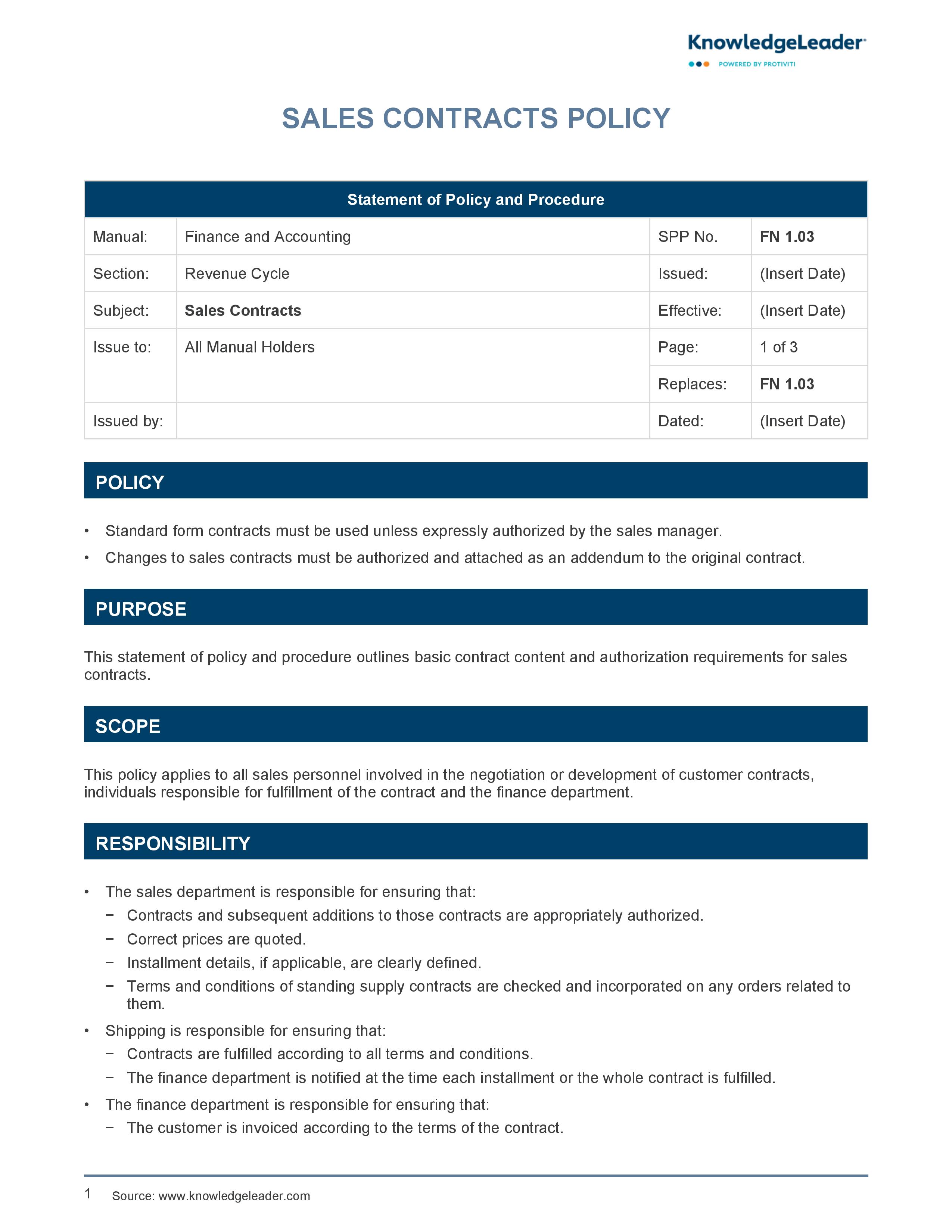 screenshot of the first page of Sales Contracts Policy