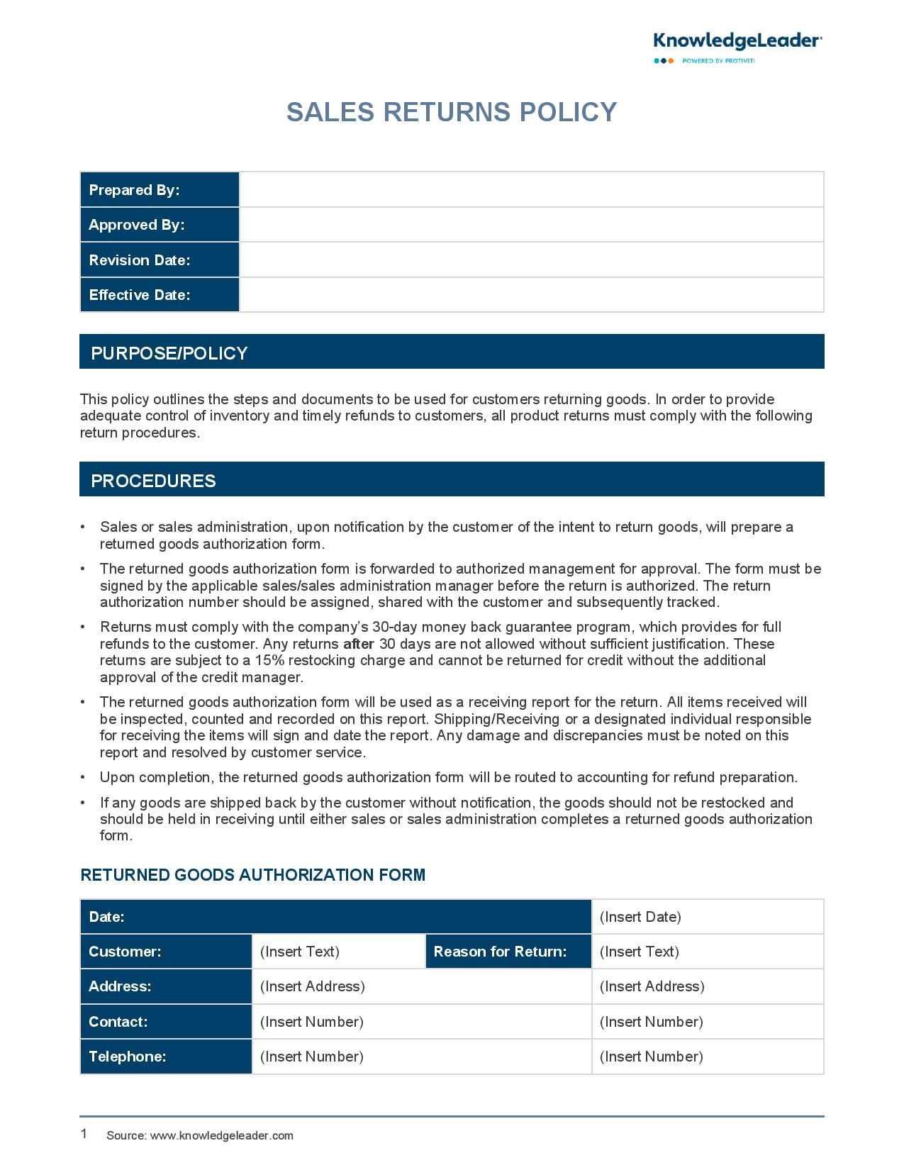 screenshot of the first page of Sales Returns Policy