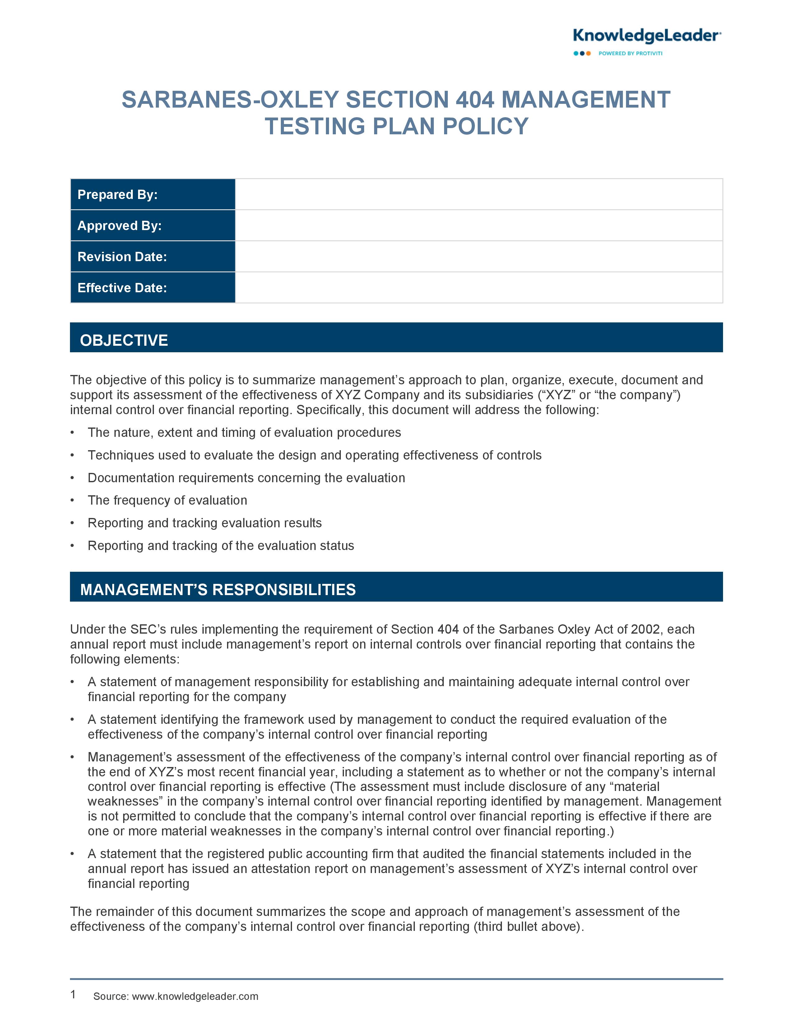 screenshot of the first page of Sarbanes-Oxley Section 404 Management Testing Plan Policy