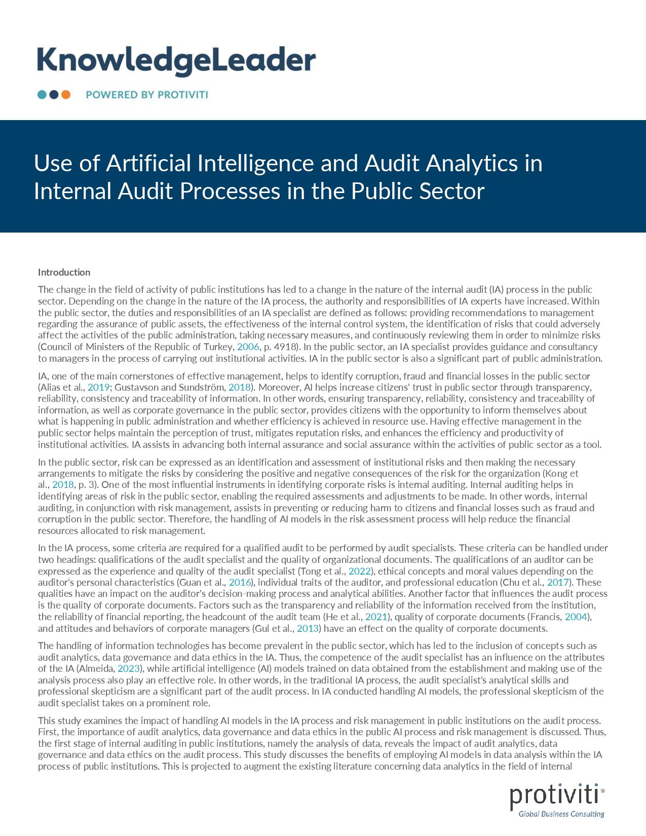 screenshot of the first page of Use of Artificial Intelligence and Audit Analytics in Internal Audit Processes in the Public Sector