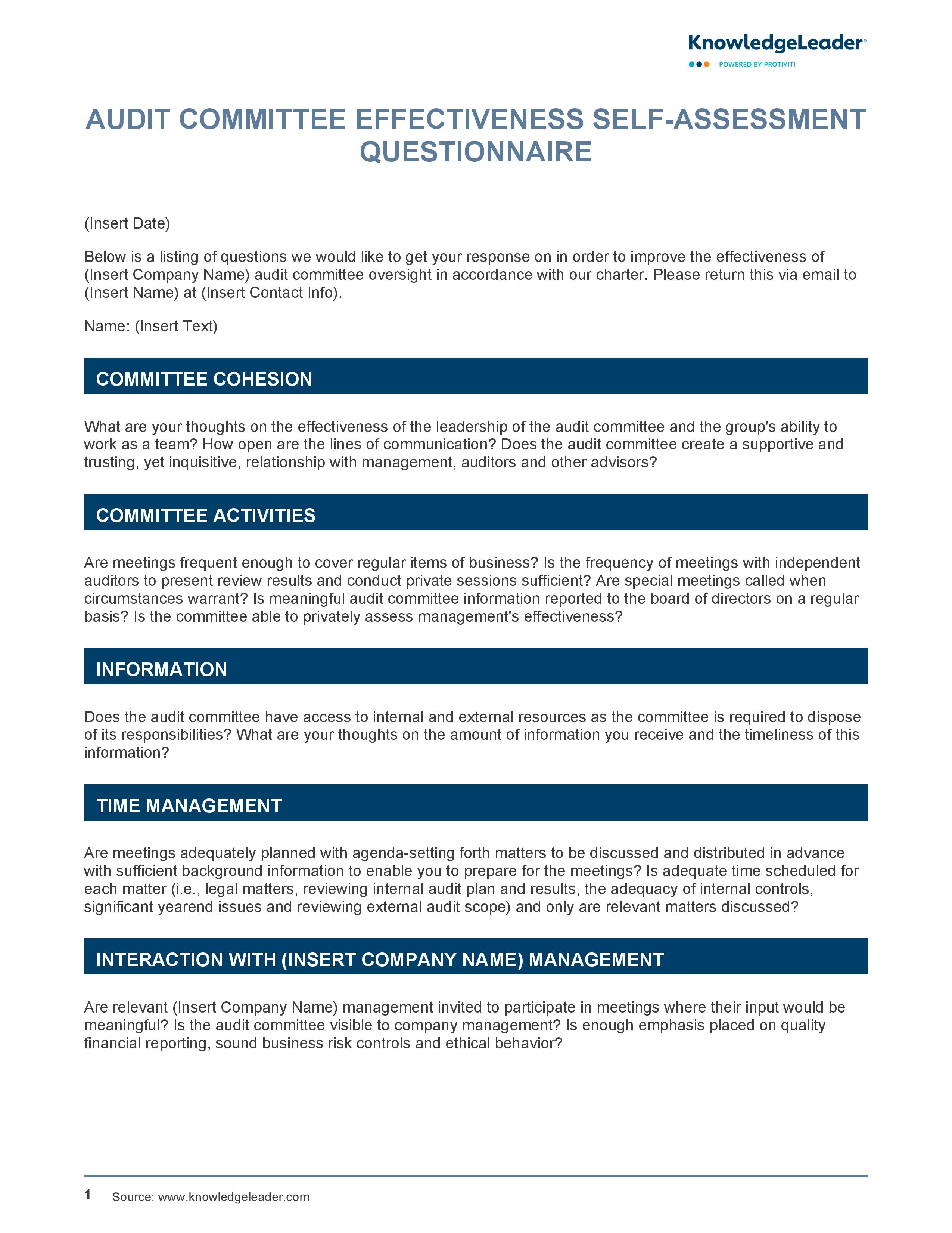 screenshot of the first page of Audit Committee Effectiveness Self-Assessment Questionnaire