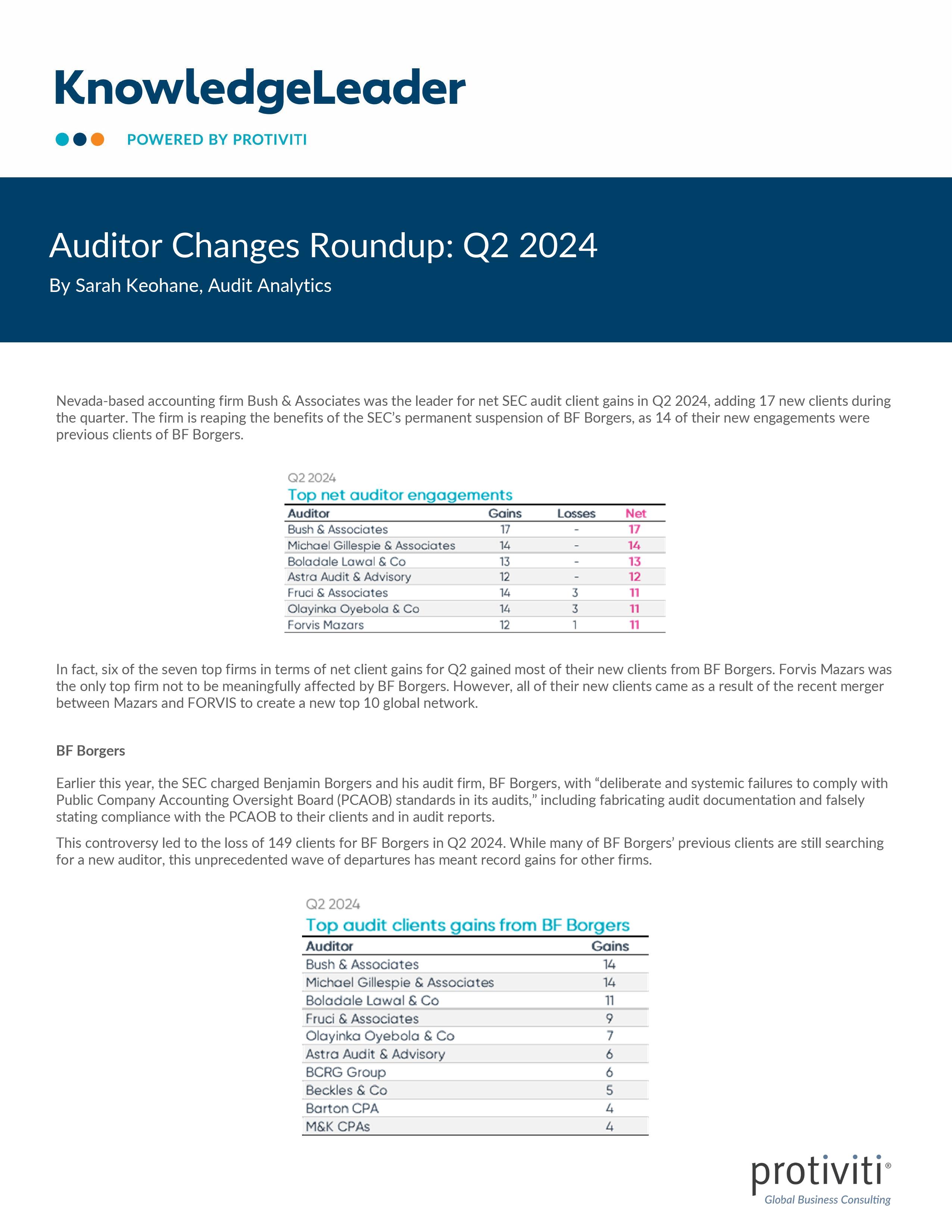 screenshot of the first page of Auditor Changes Roundup Q2 2024