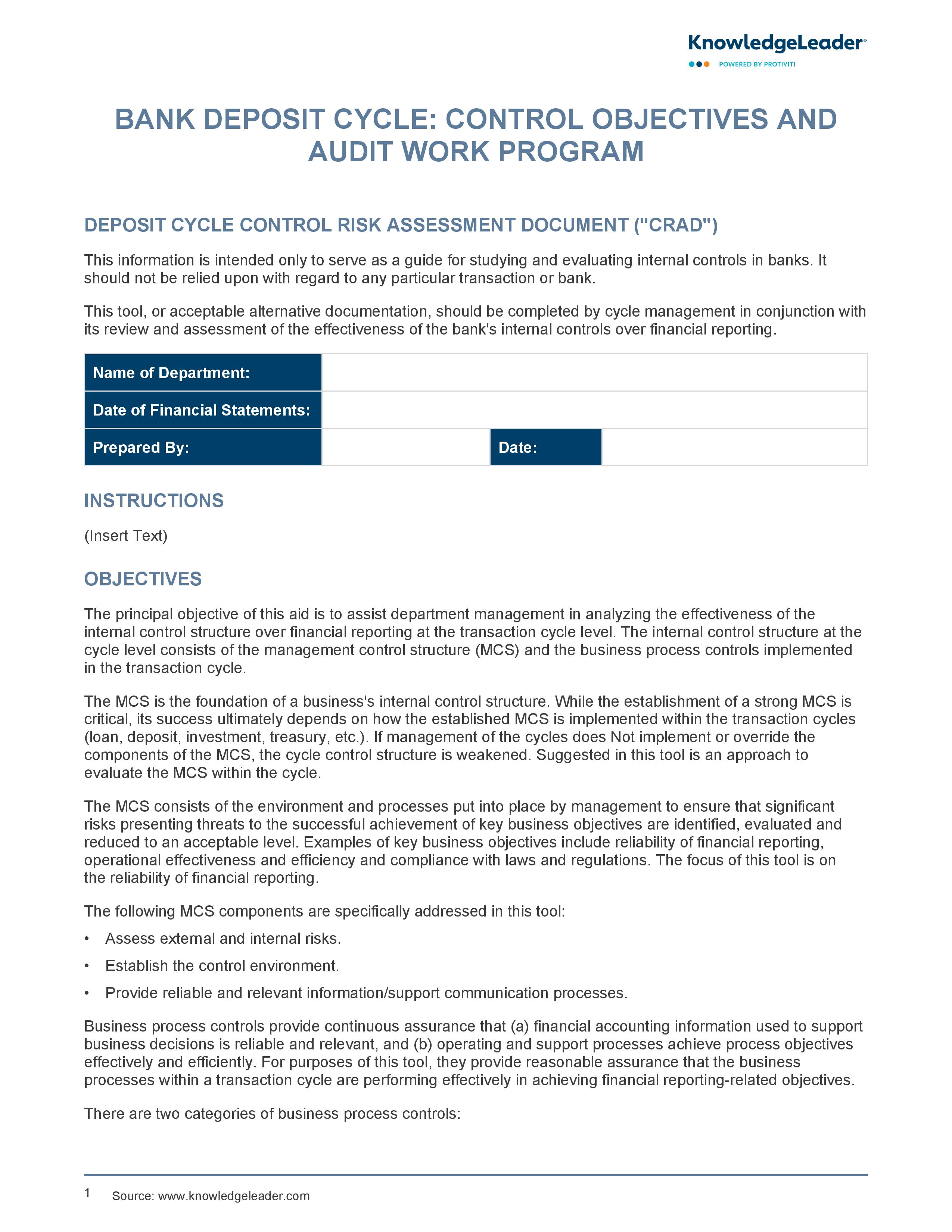 screenshot of the first page of Bank Deposit Cycle Control Objectives and Audit Work Program