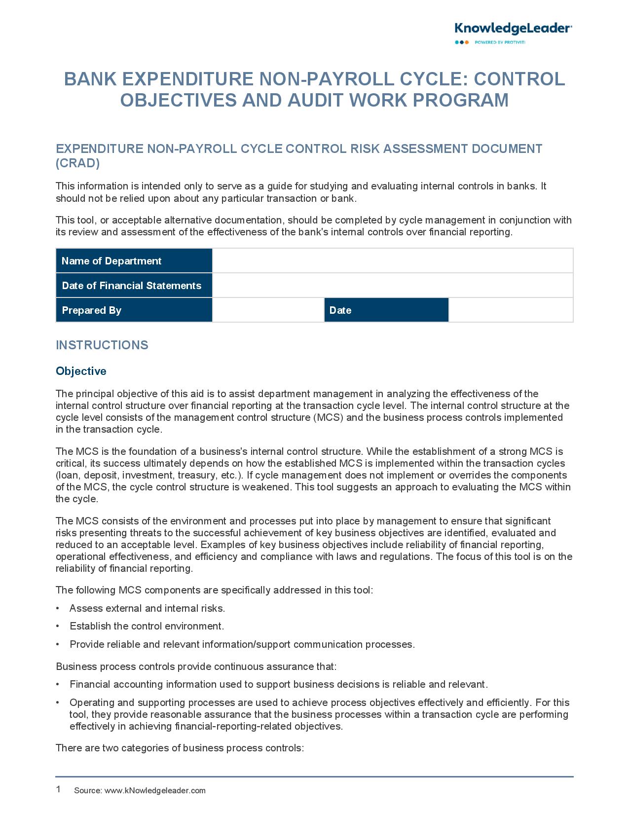 screenshot of the first page of Bank Expenditure Non-Payroll Cycle - Control Objectives and Audit Work Program.