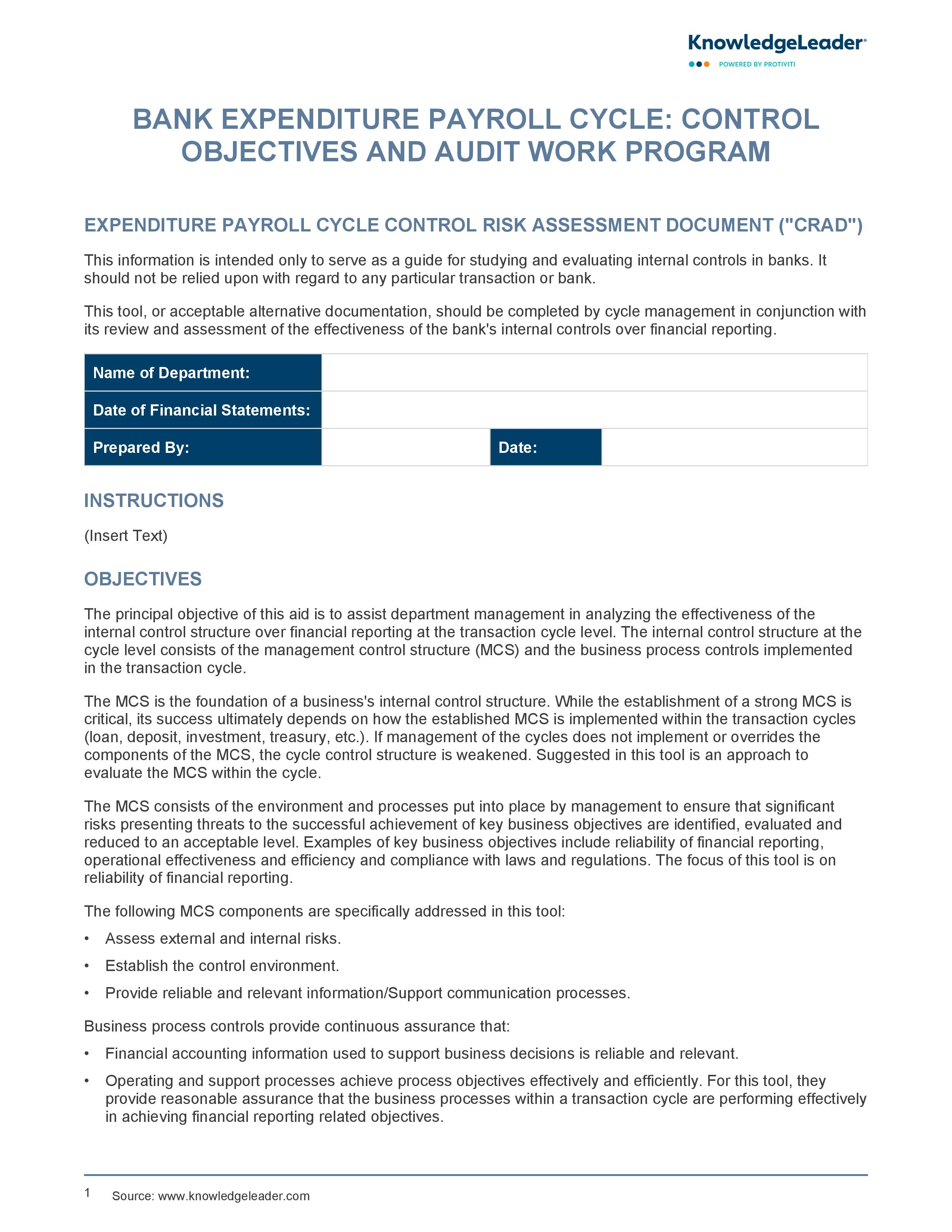 screenshot of the first page of Bank Expenditure Payroll Cycle Control Objectives and Audit Work Program