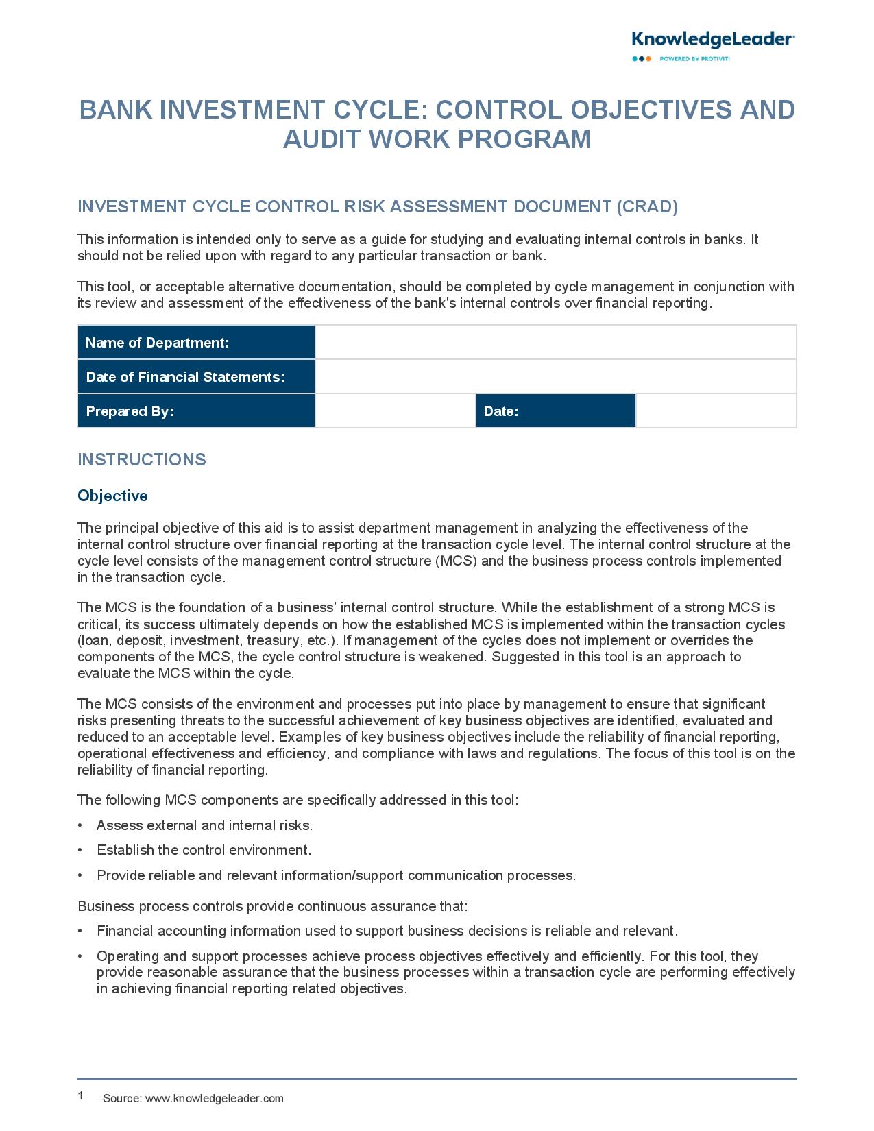 screenshot of first page of Bank Investment Cycle - Control Objectives and Audit Work Program