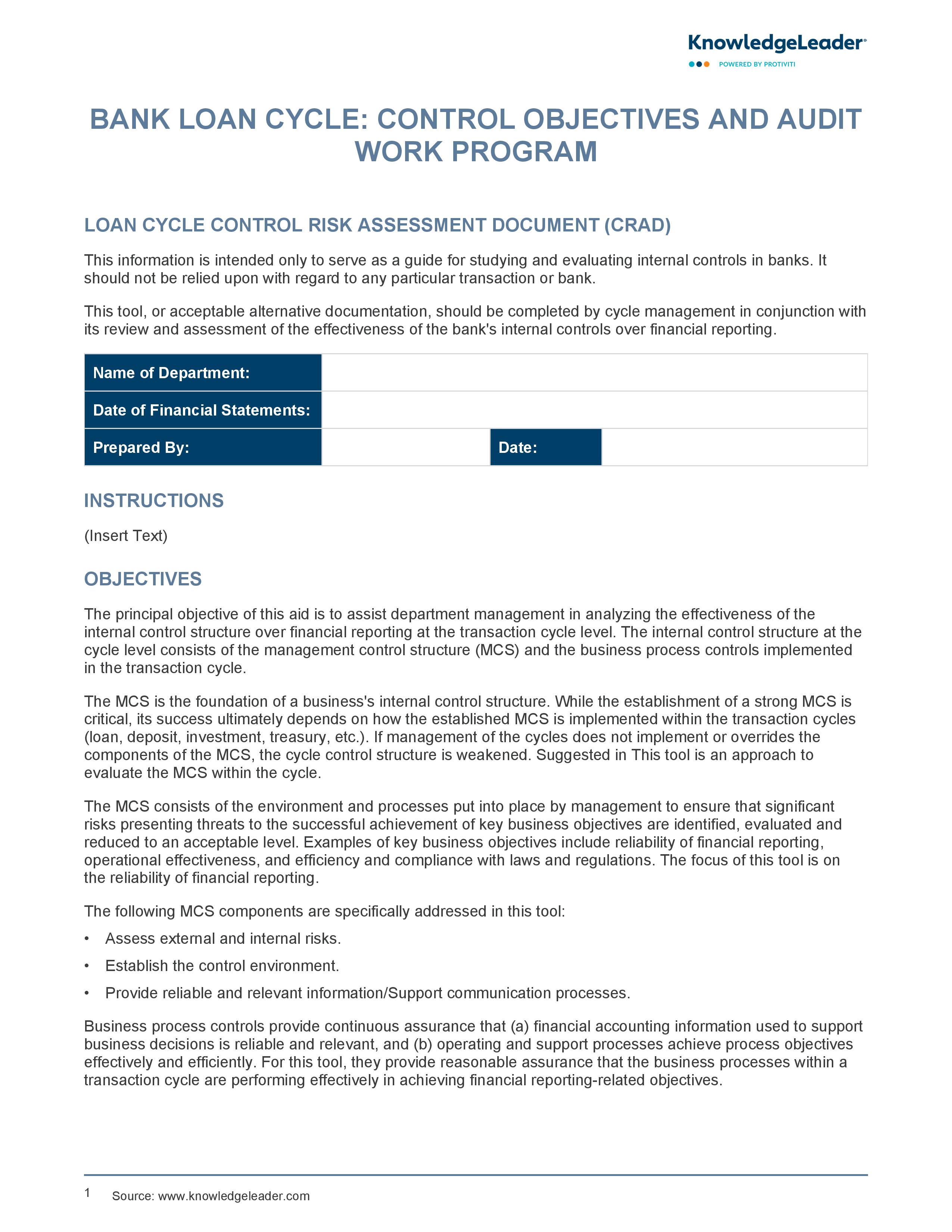 screenshot of the first page of Bank Loan Cycle Control Objectives and Audit Work Program