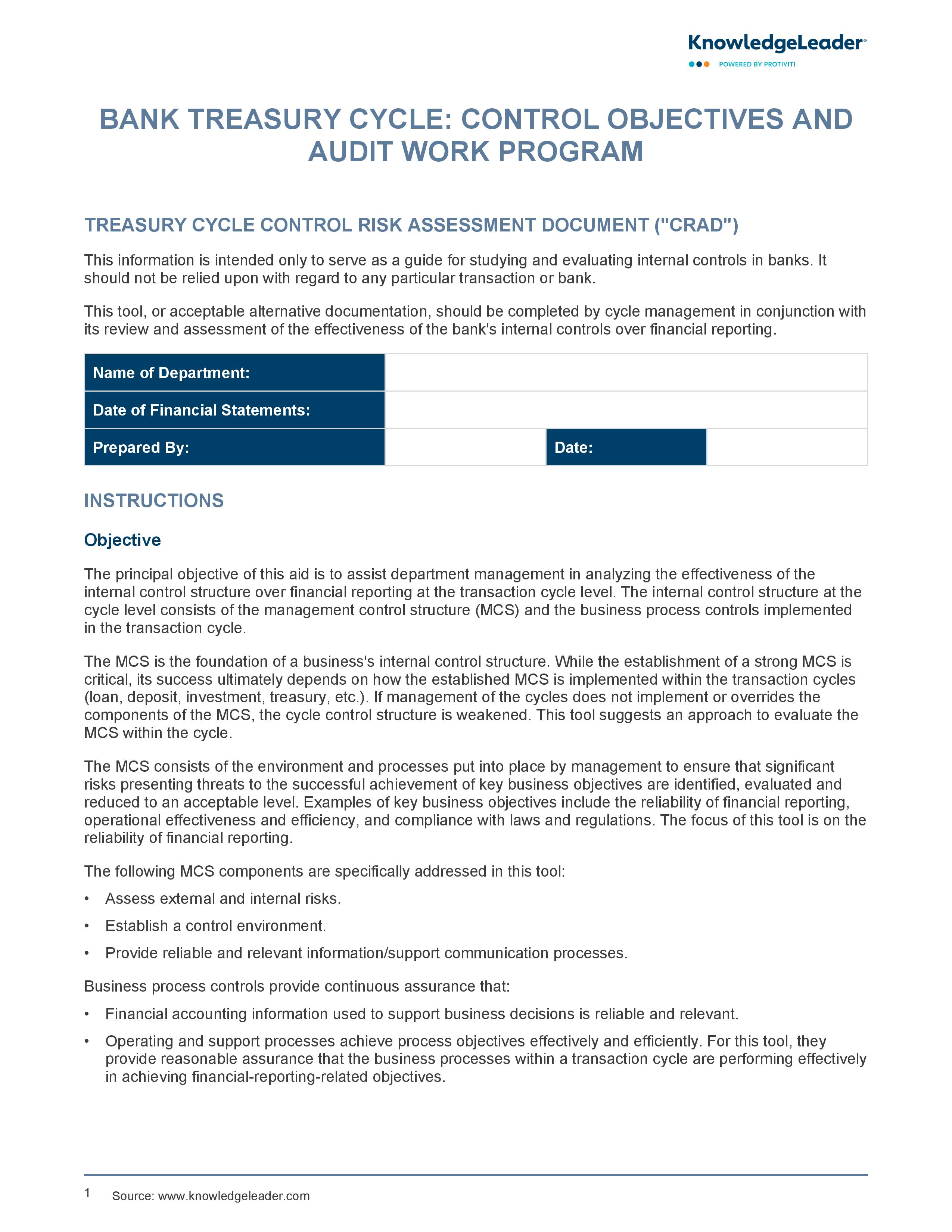 screenshot of the first page of Bank Treasury Cycle Control Objectives and Audit Work Program