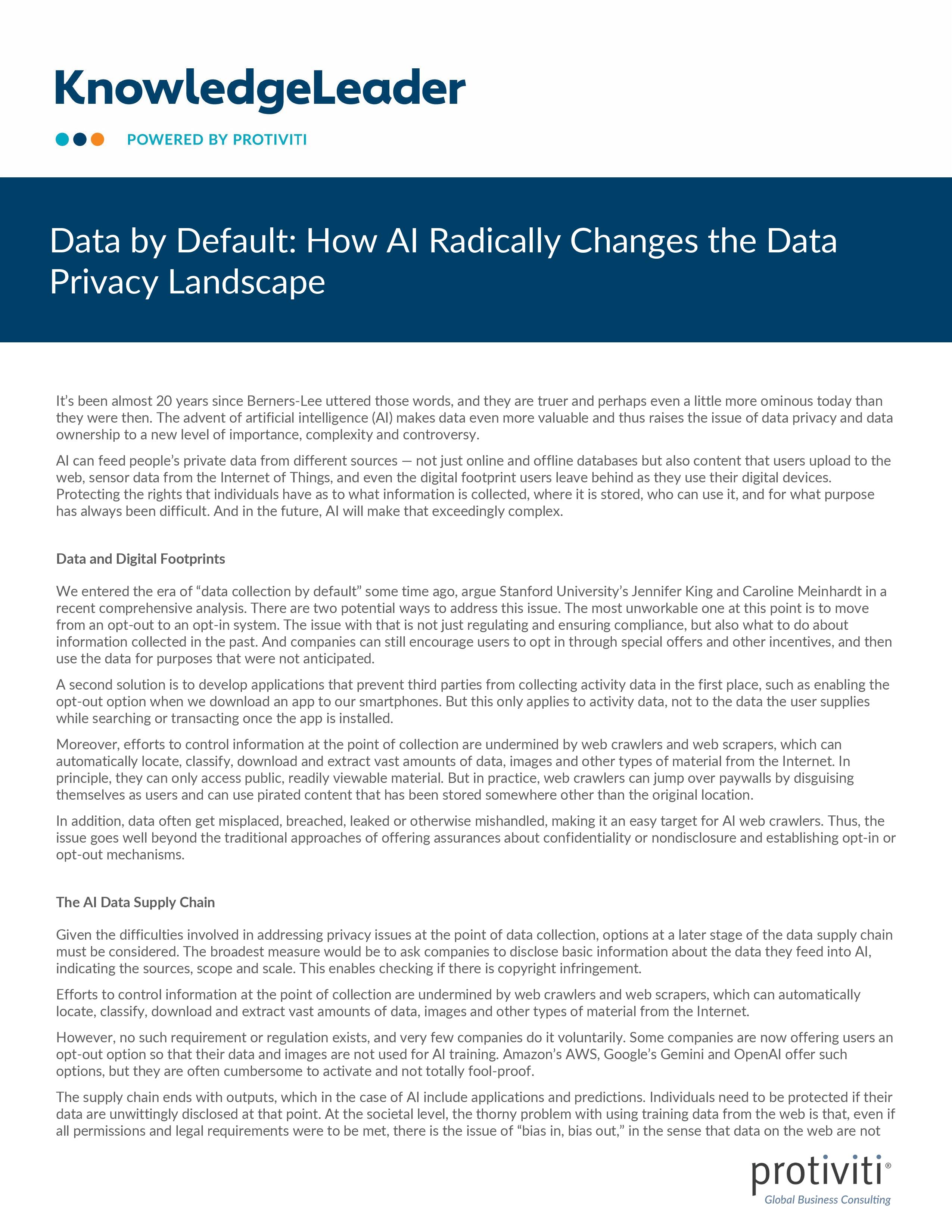 screenshot of the first page of Data by Default How AI Radically Changes the Data Privacy Landscape