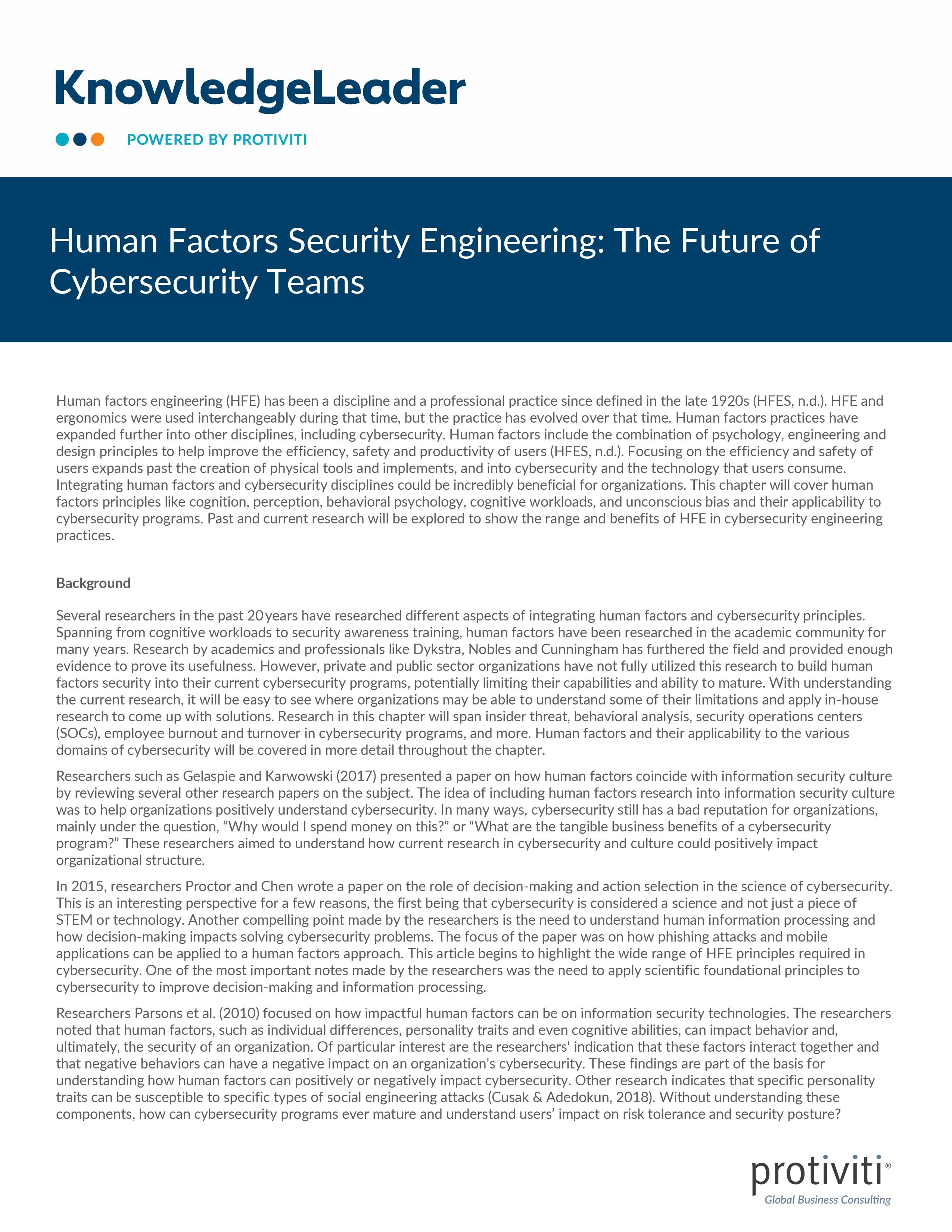 screenshot of the first page of Human Factors Security Engineering The Future of Cybersecurity Teams