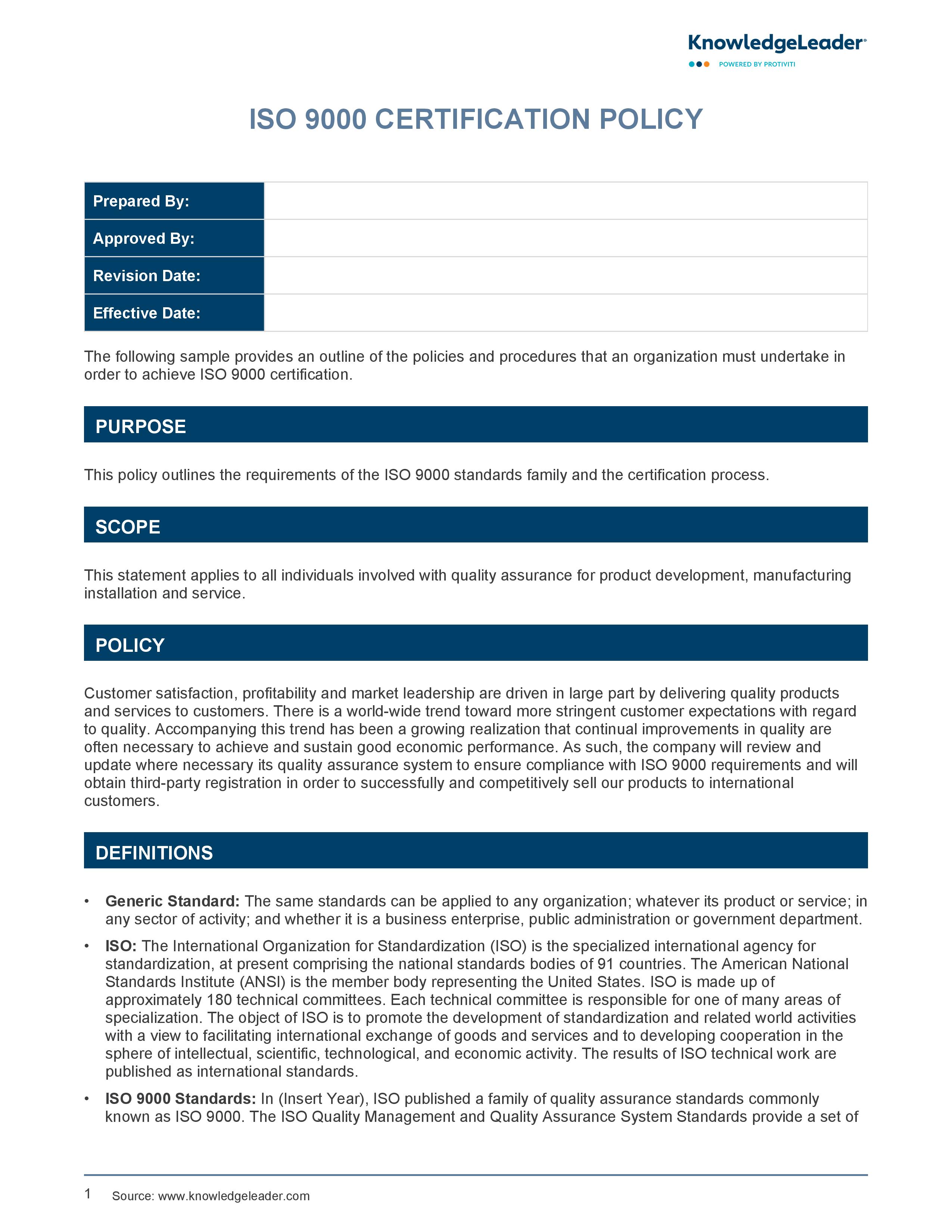 screenshot of the first page of ISO 9000 Certification Policy