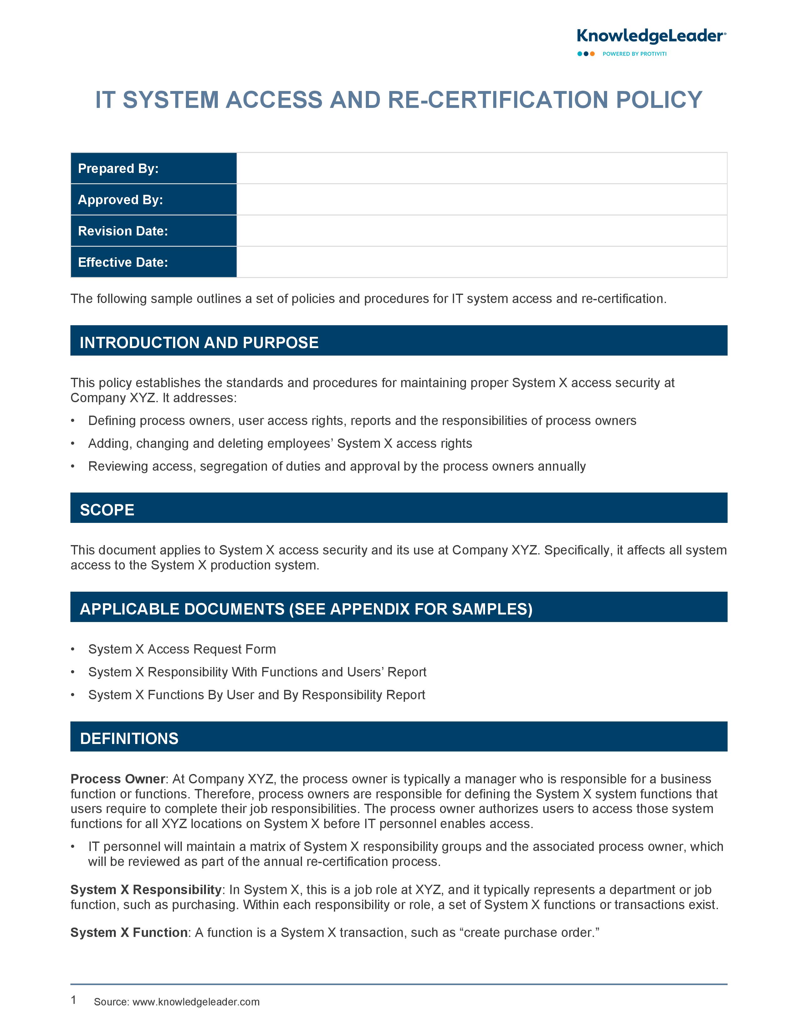 screenshot of the first page of IT System Access and Re-Certification Policy