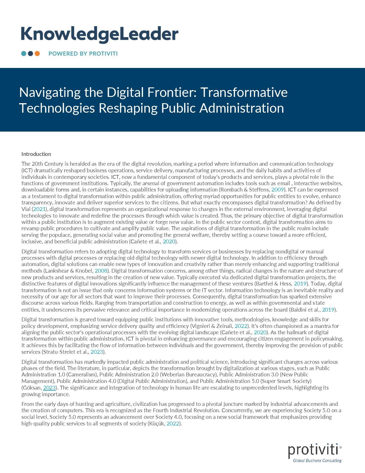 screenshot of the first page of Navigating the Digital Frontier Transformative Technologies Reshaping Public Administration