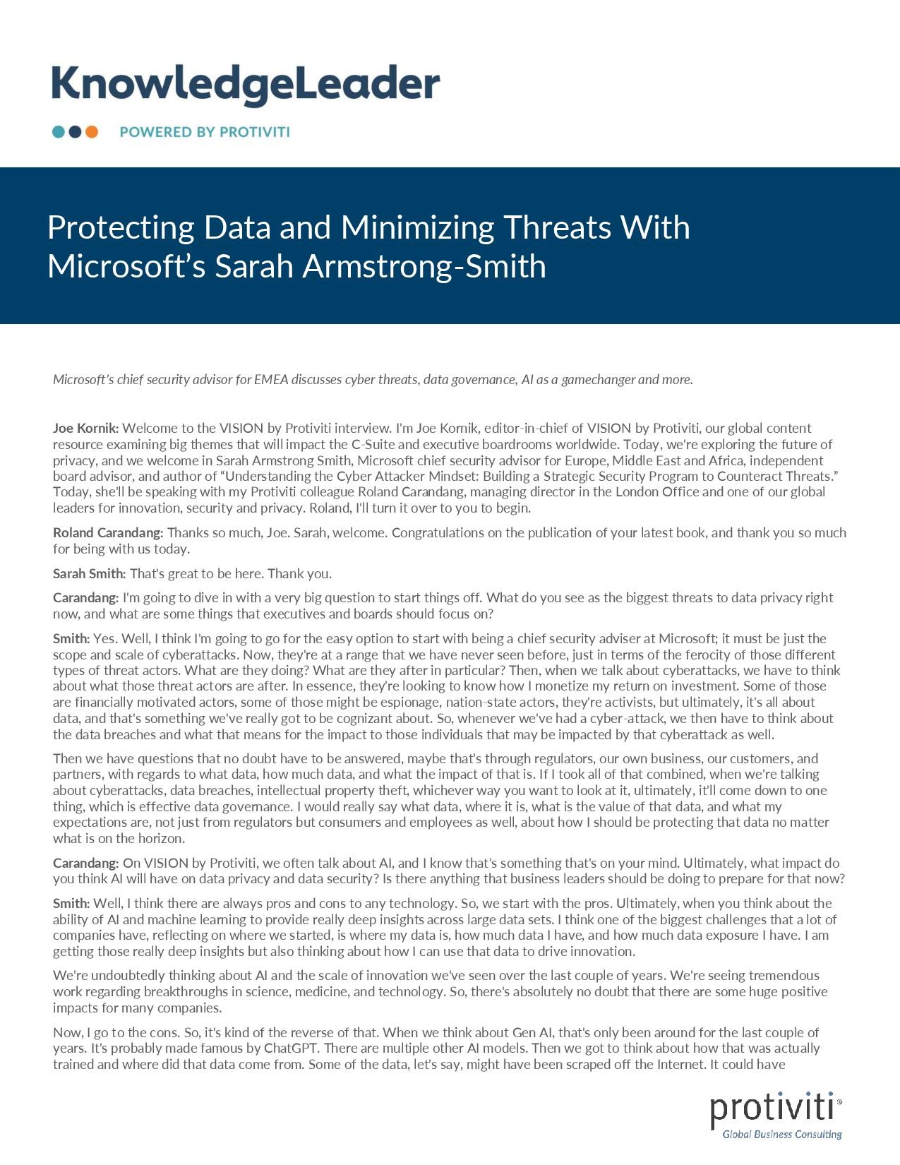 screenshot of the first page of Protecting Data and Minimizing Threats With Microsoft’s Sarah Armstrong-Smith.