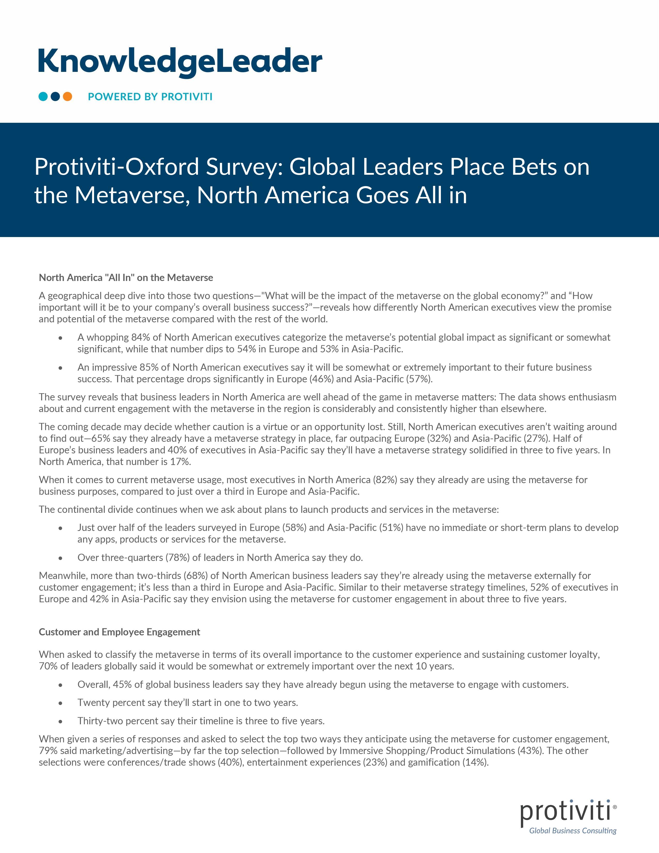 screenshot of the first page of Protiviti-Oxford Survey Global Leaders Place Bets on the Metaverse, North America Goes All in