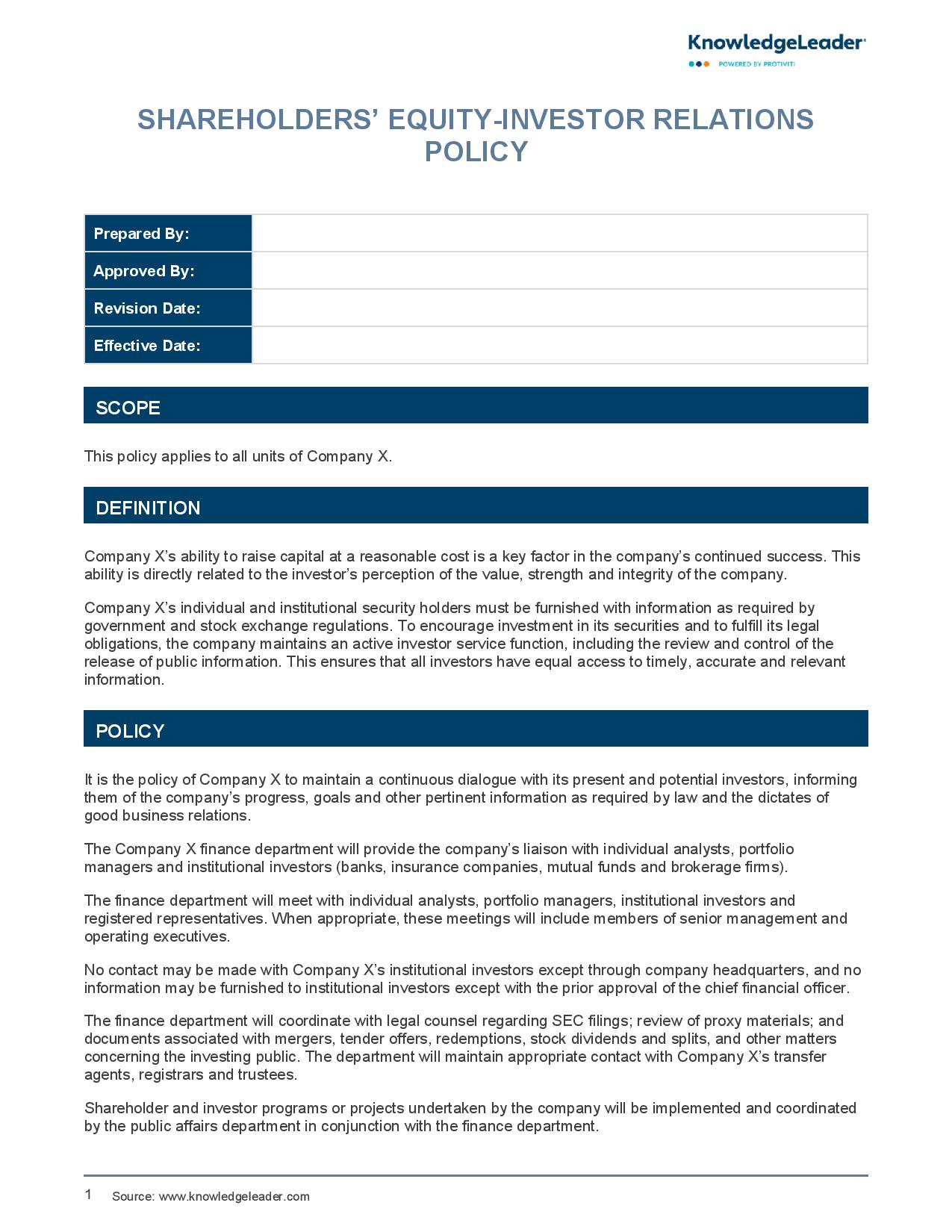 Screenshot of the first page of Shareholder’s Equity Investor Relations Policy