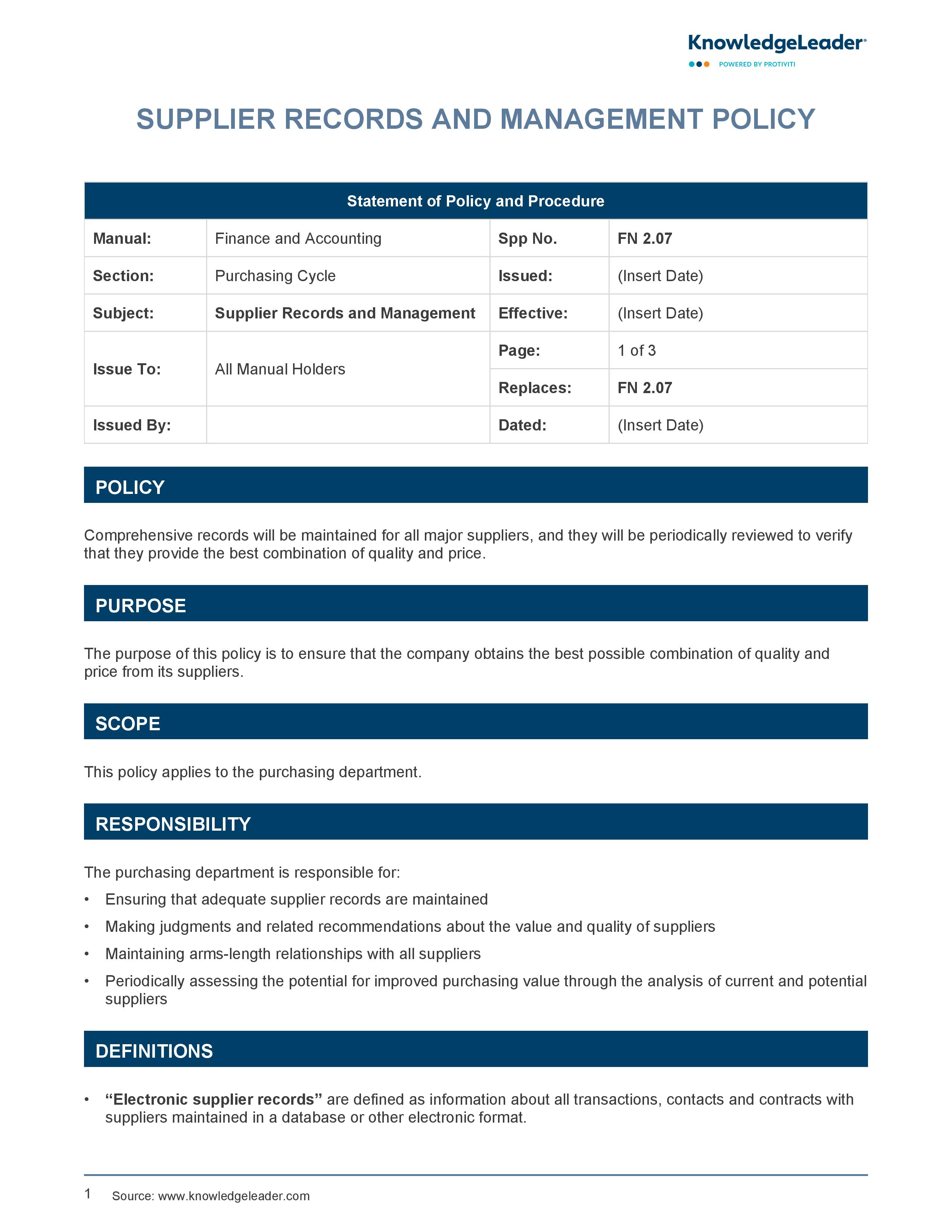 screenshot of the first page of Supplier Records and Management