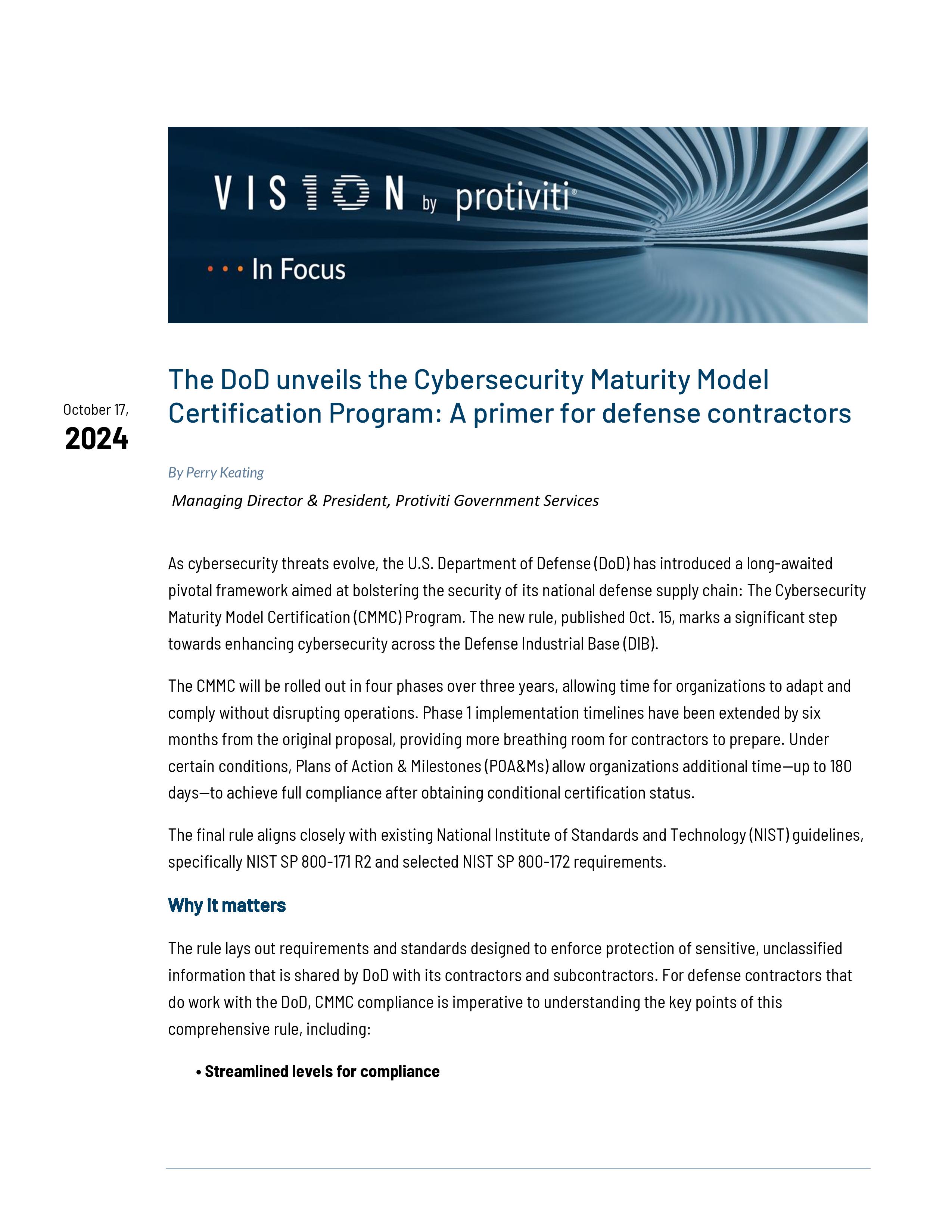 screenshot of the first page of The DoD Unveils the Cybersecurity Maturity Model Certification Program A Primer for Defense Contractors