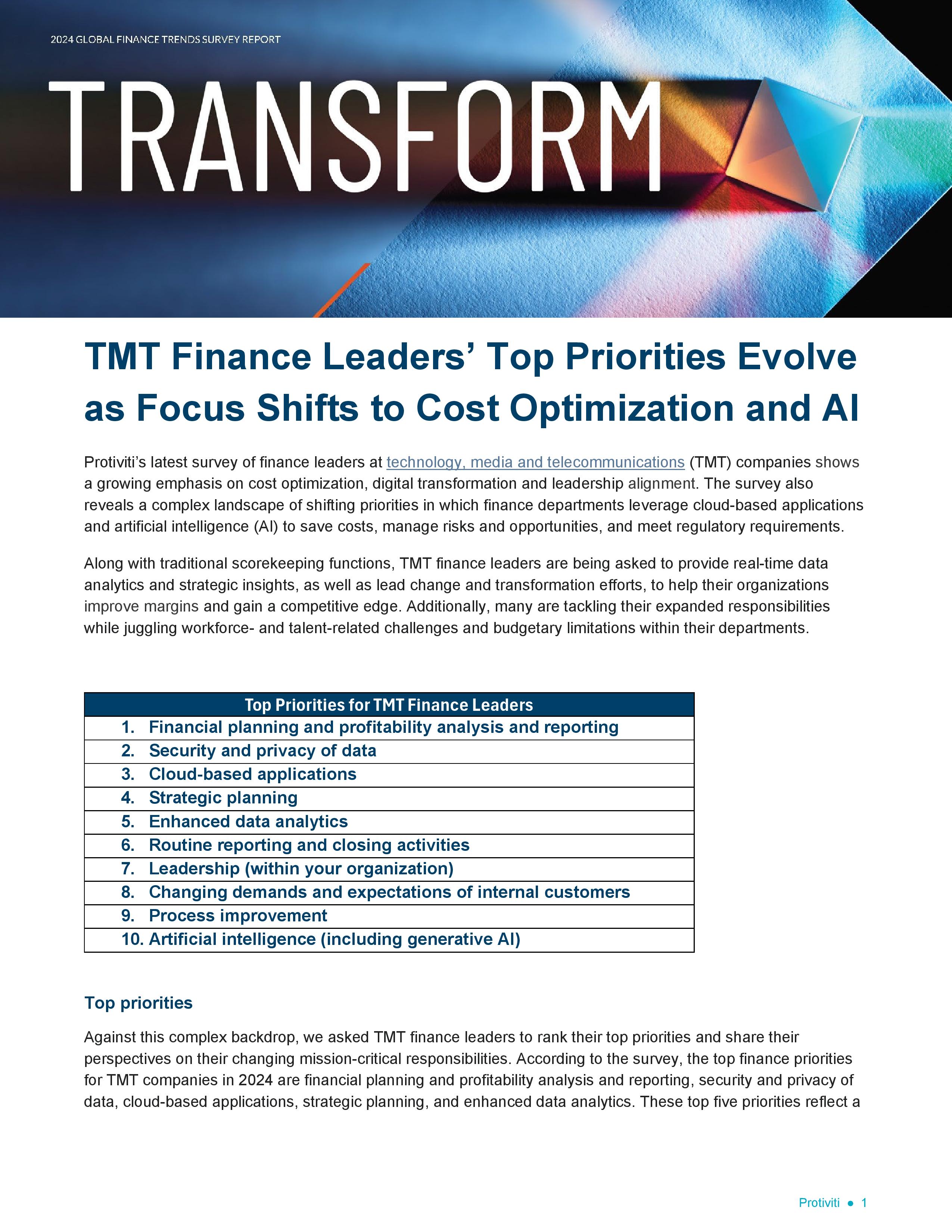 screenshot of the first page of 2024 Technology, Media and Telecommunications Finance Priorities