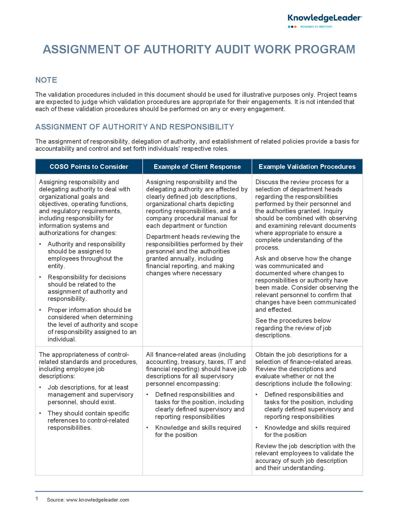 screenshot of the first page of Assignment of Authority Audit Work Program