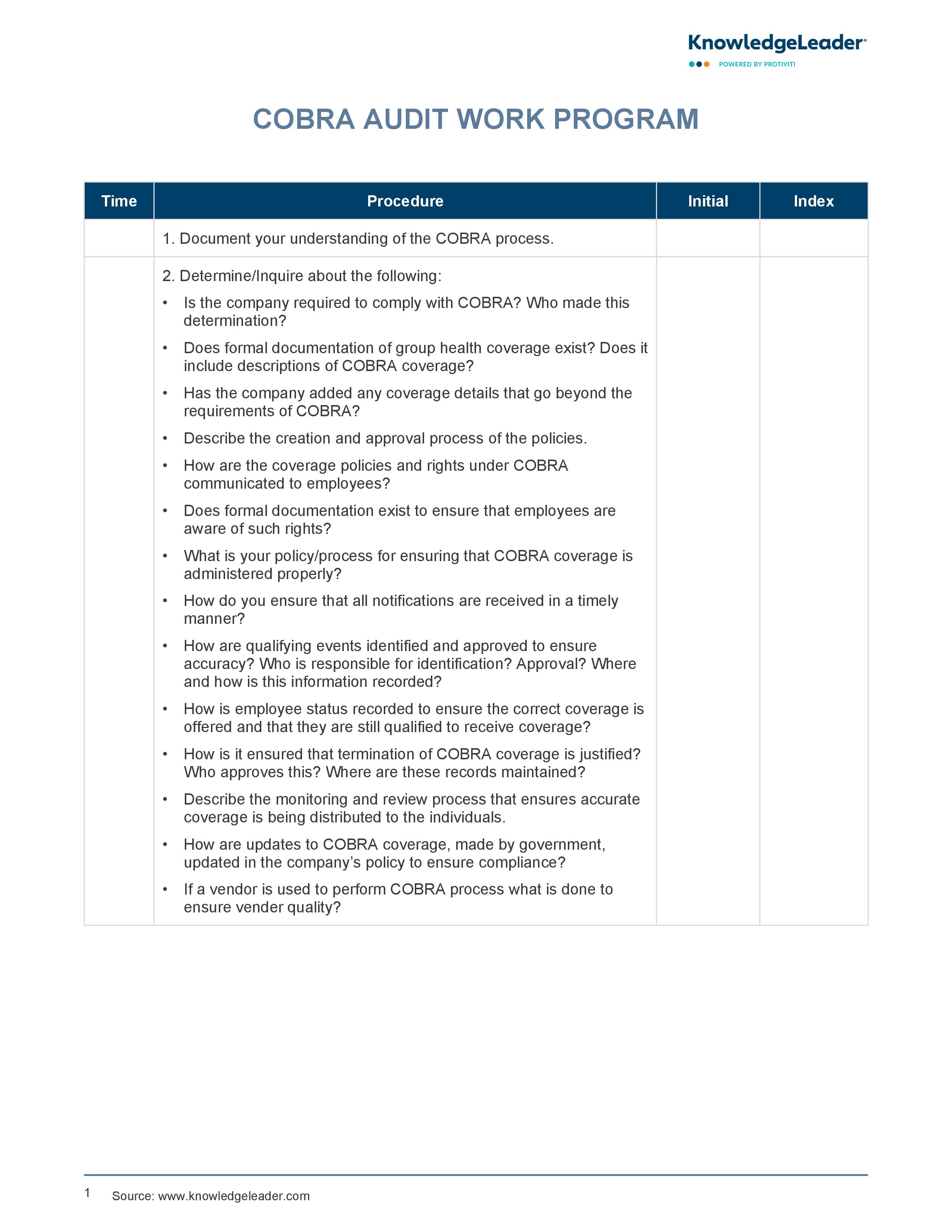 screenshot of the first page of COBRA Audit Work Program