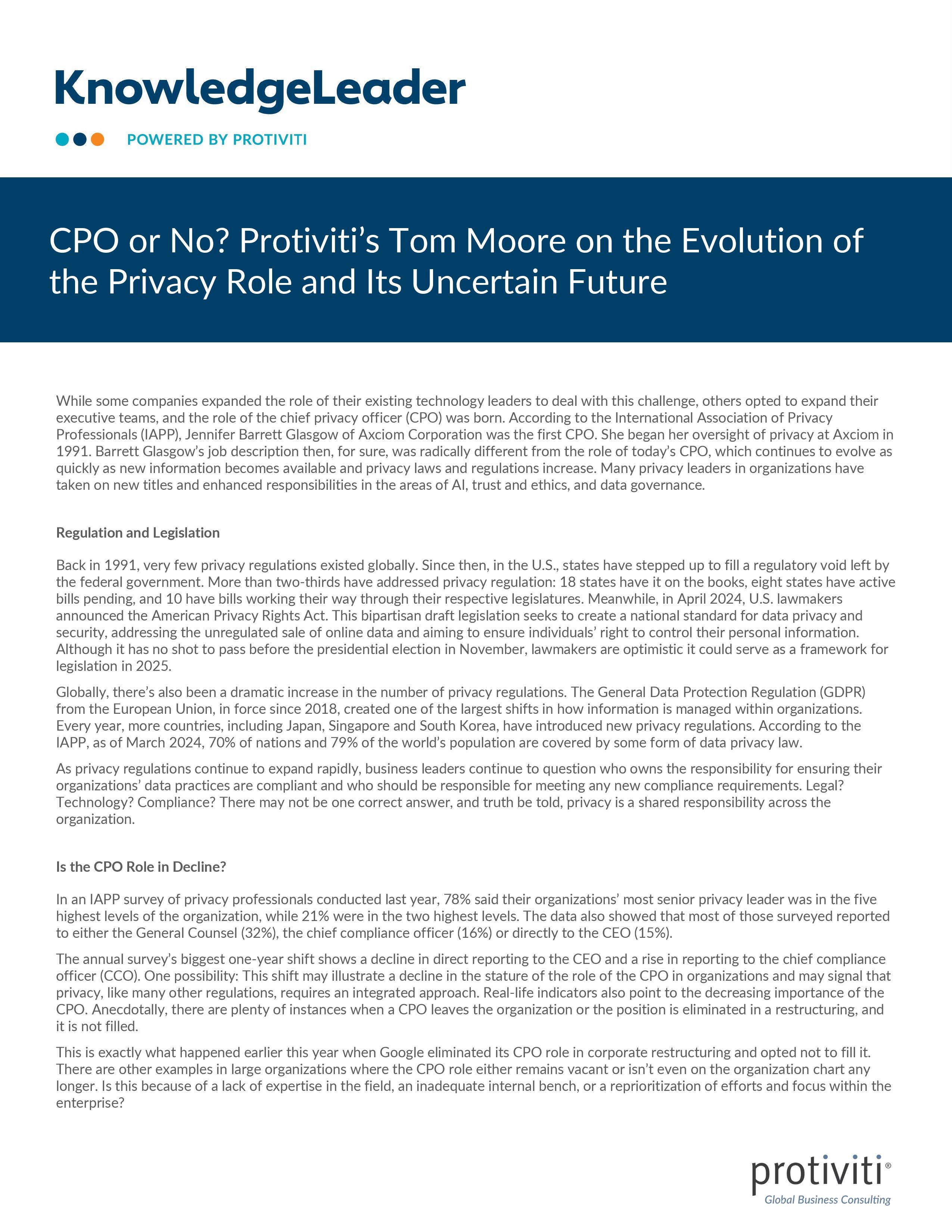 screenshot of the first page of CPO or No Protiviti’s Tom Moore on the Evolution of the Privacy Role and Its Uncertain Future