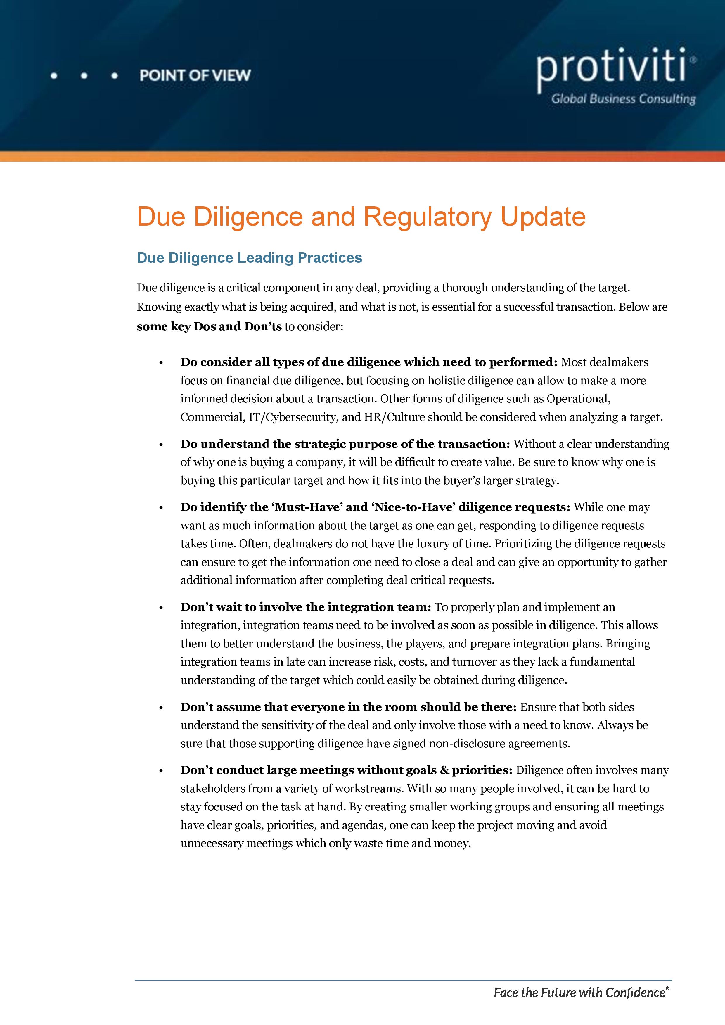 screenshot of the first page of Due Diligence and Regulatory Update