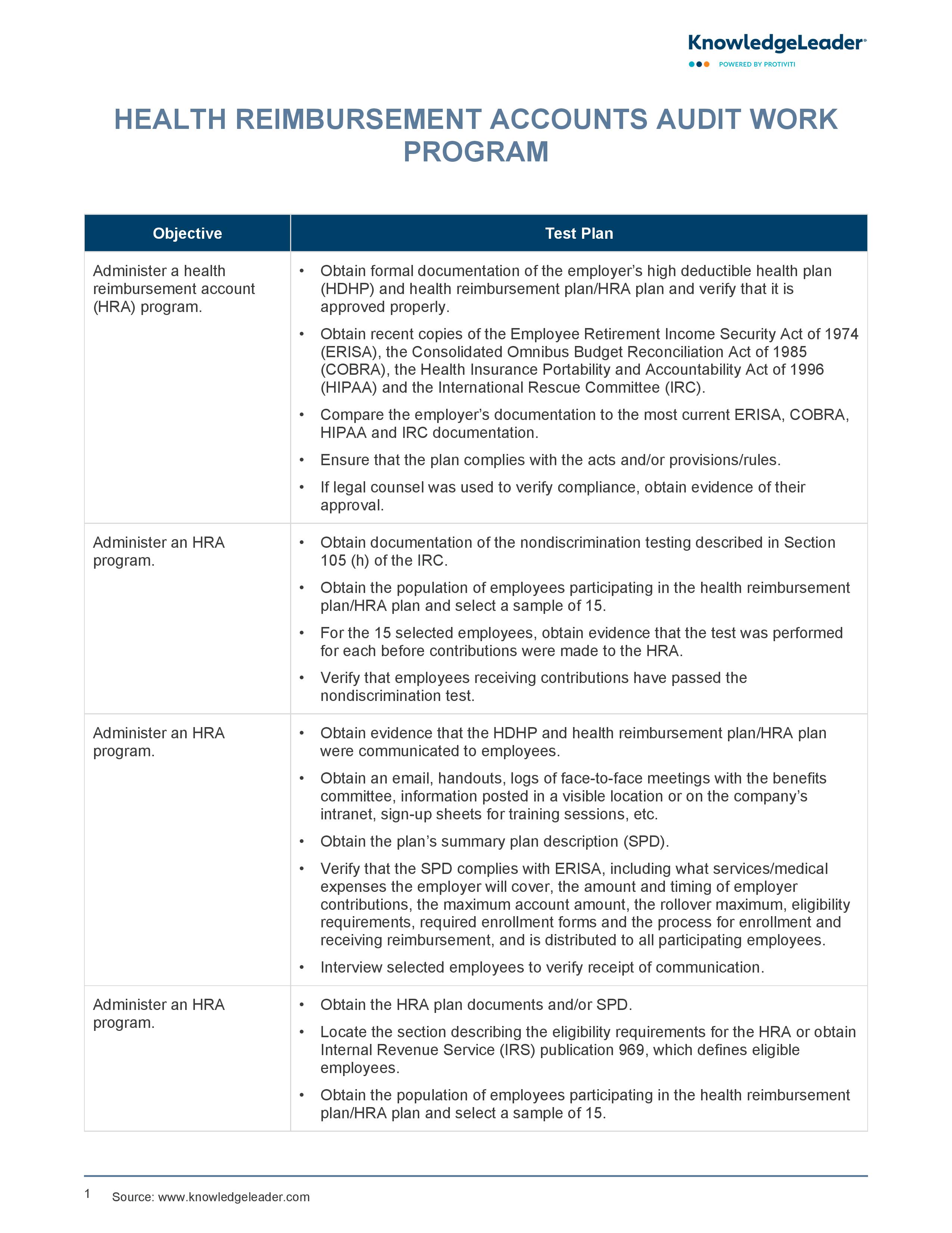 screenshot of the first page of Health Reimbursement Accounts Audit Work Program