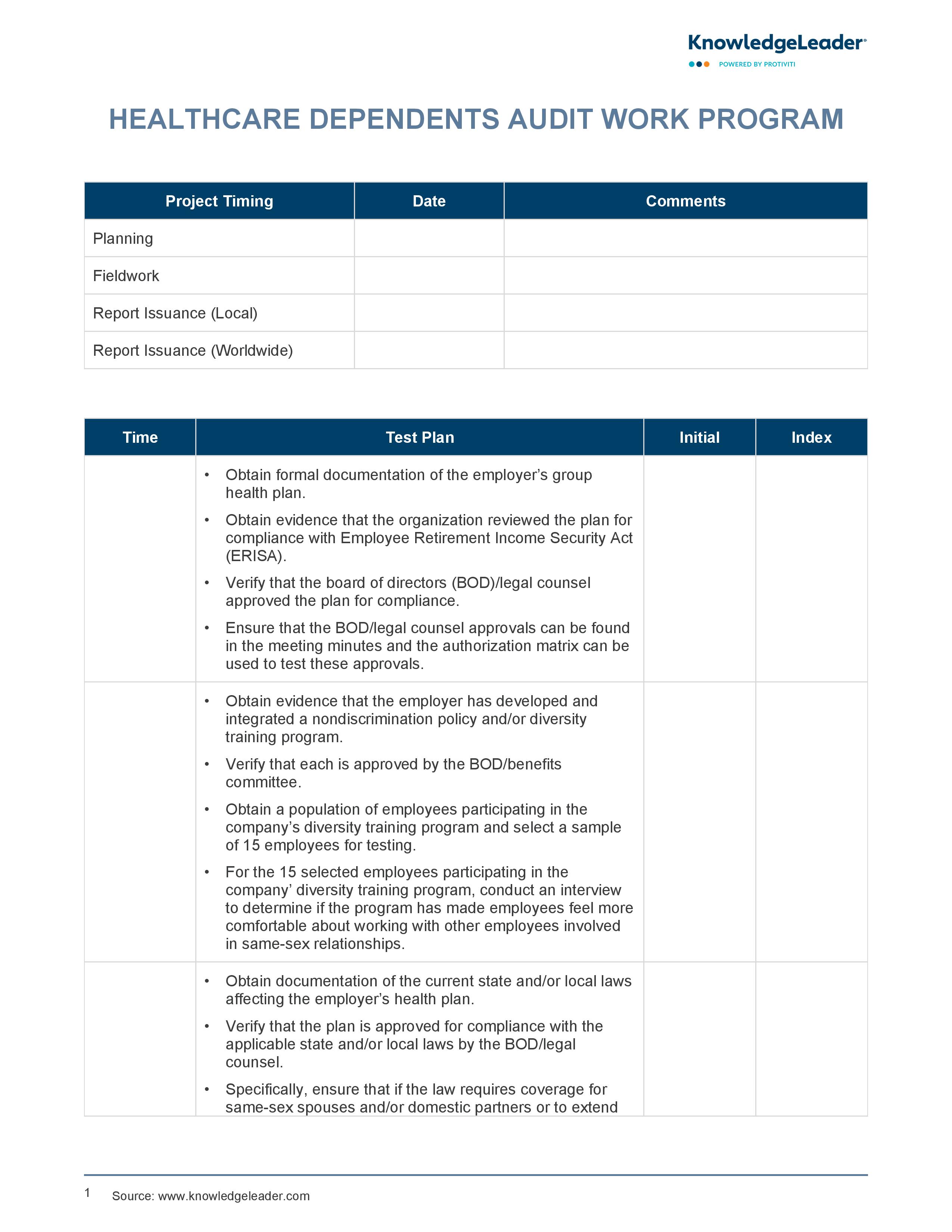 screenshot of the first page of Healthcare Dependents Audit Work Program