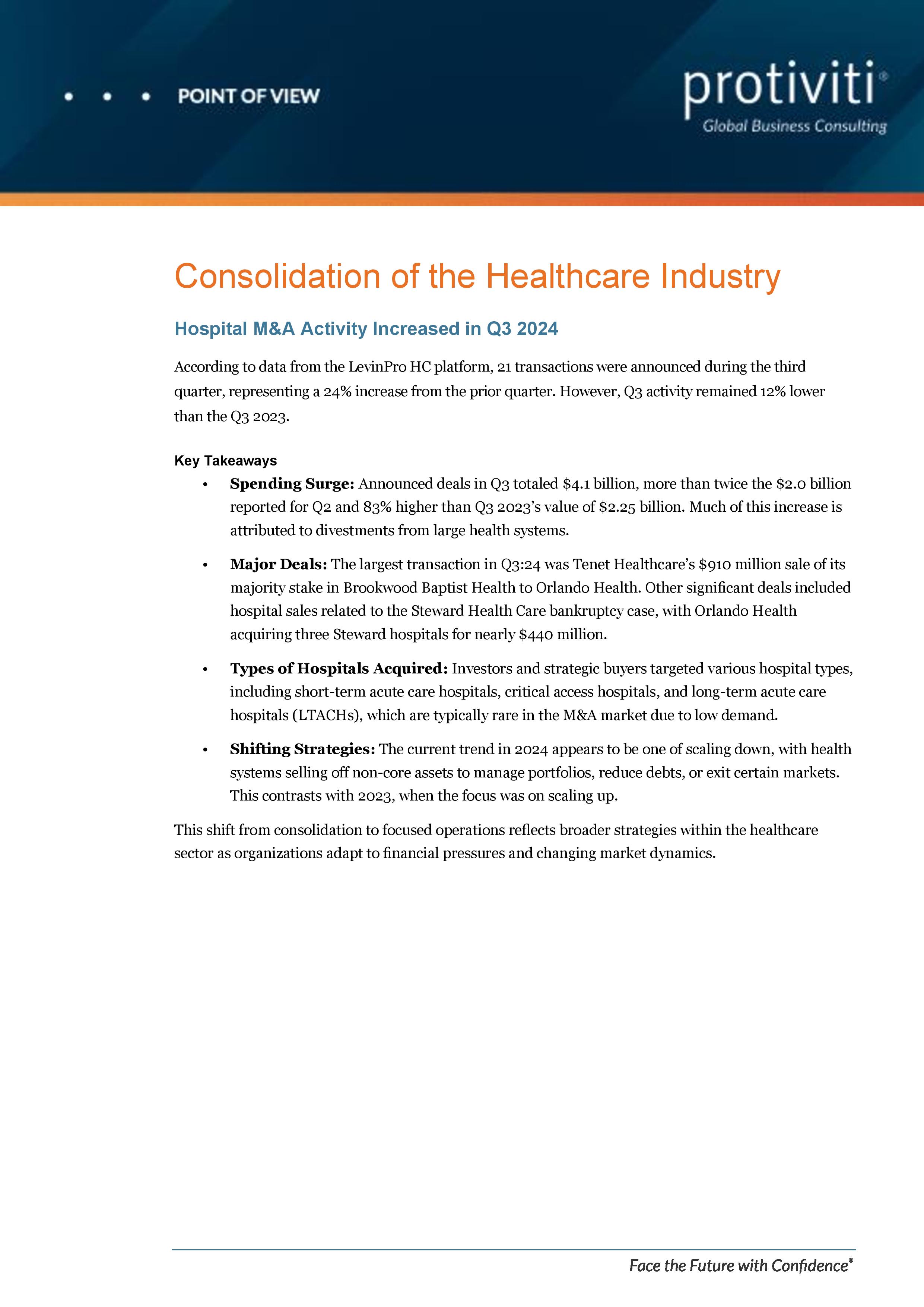 screenshot of the first page of Hospital M&A Activity Increased in Q3 2024