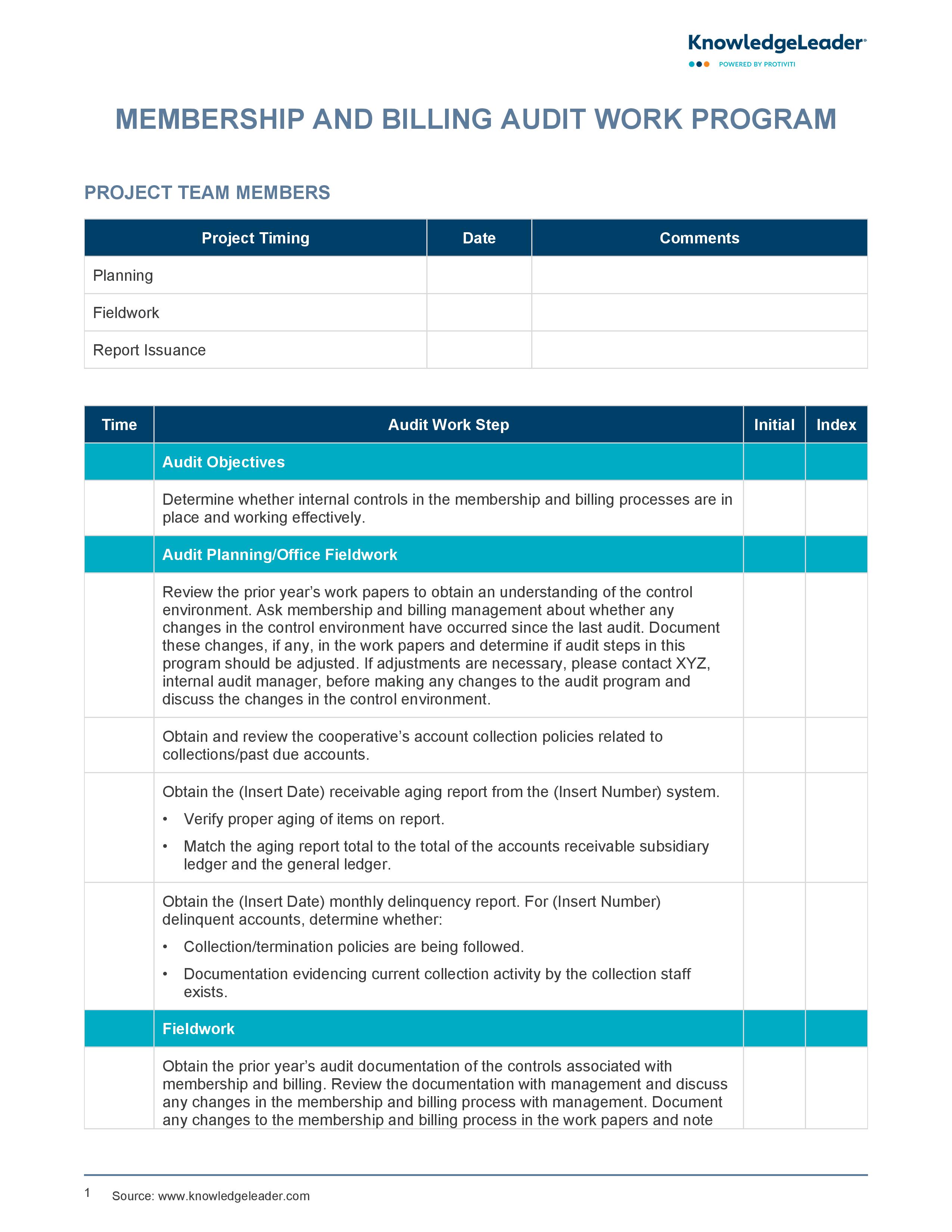 screenshot of the first page of Membership and Billing Audit Work Program