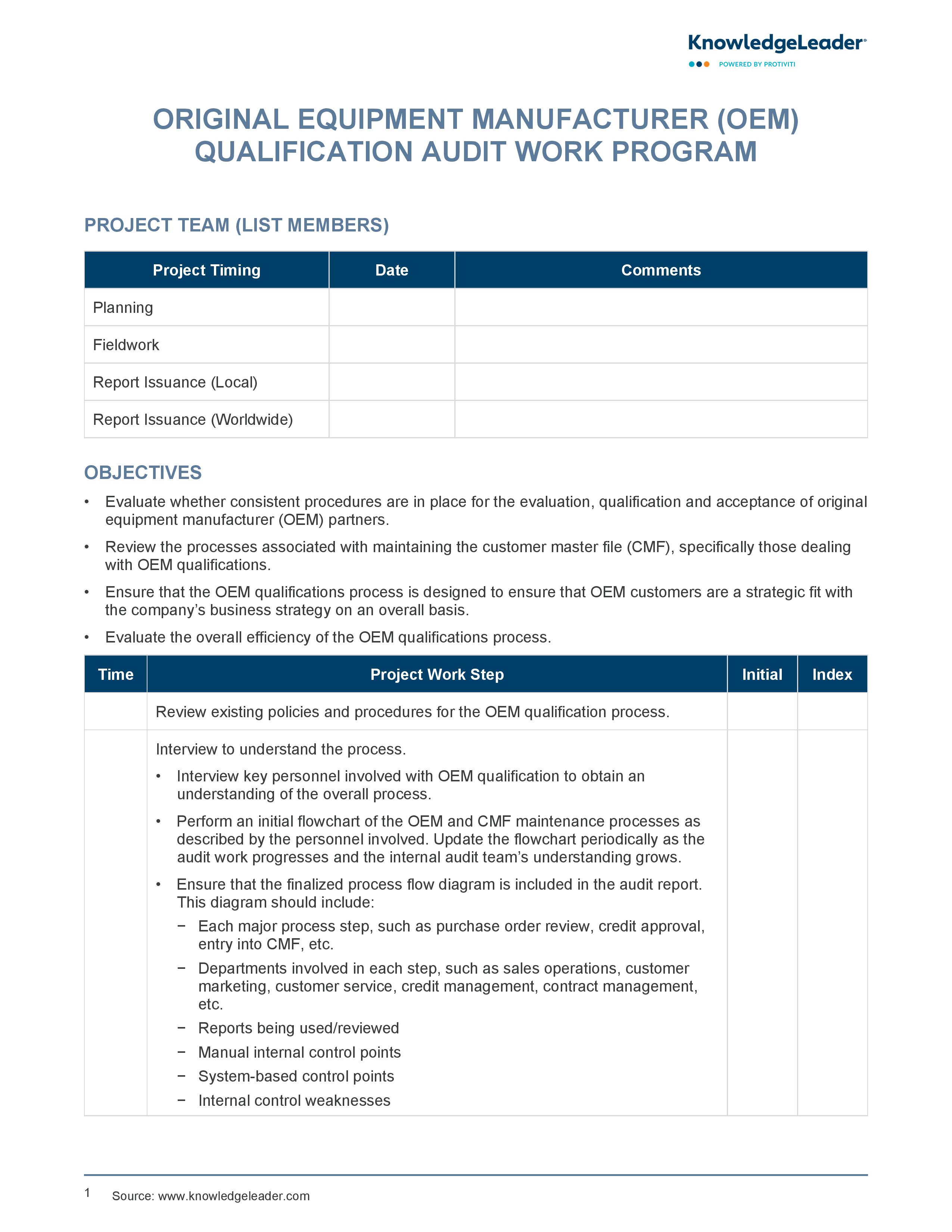 screenshot of the first page of Original Equipment Manufacturer (OEM) Qualification Audit Work Program