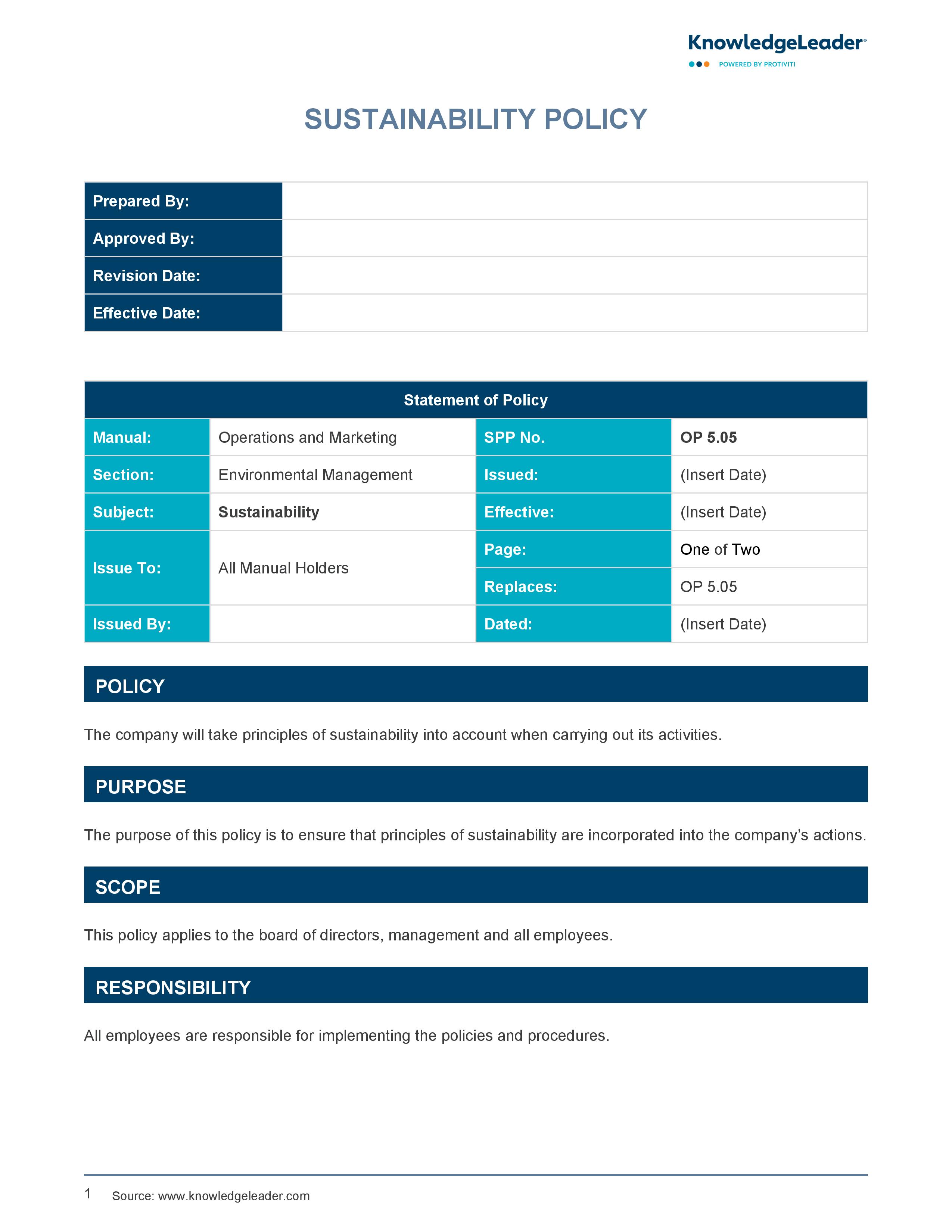 screenshot of the first page of Sustainability Policy