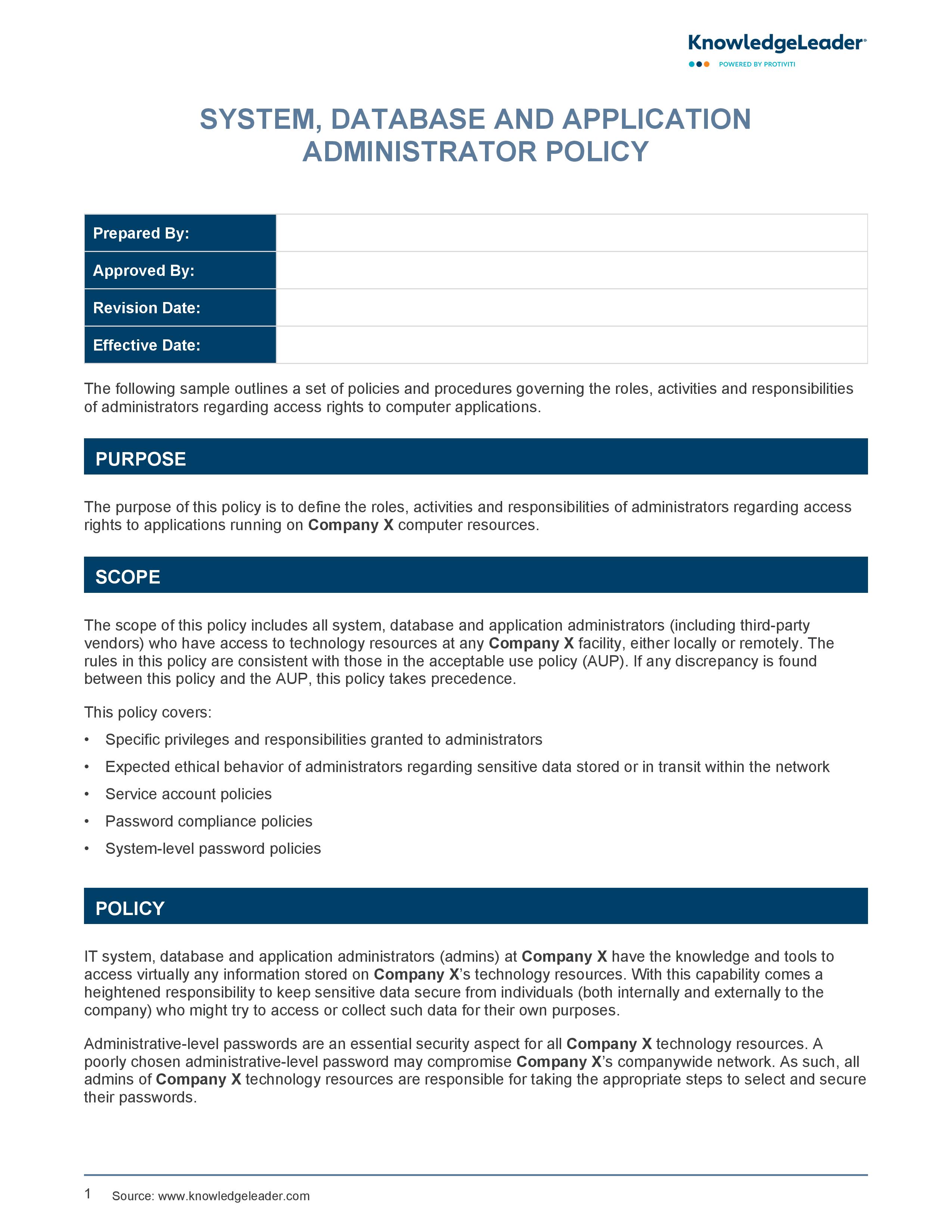 screenshot of the first page of System, Database and Application Administrator Policy