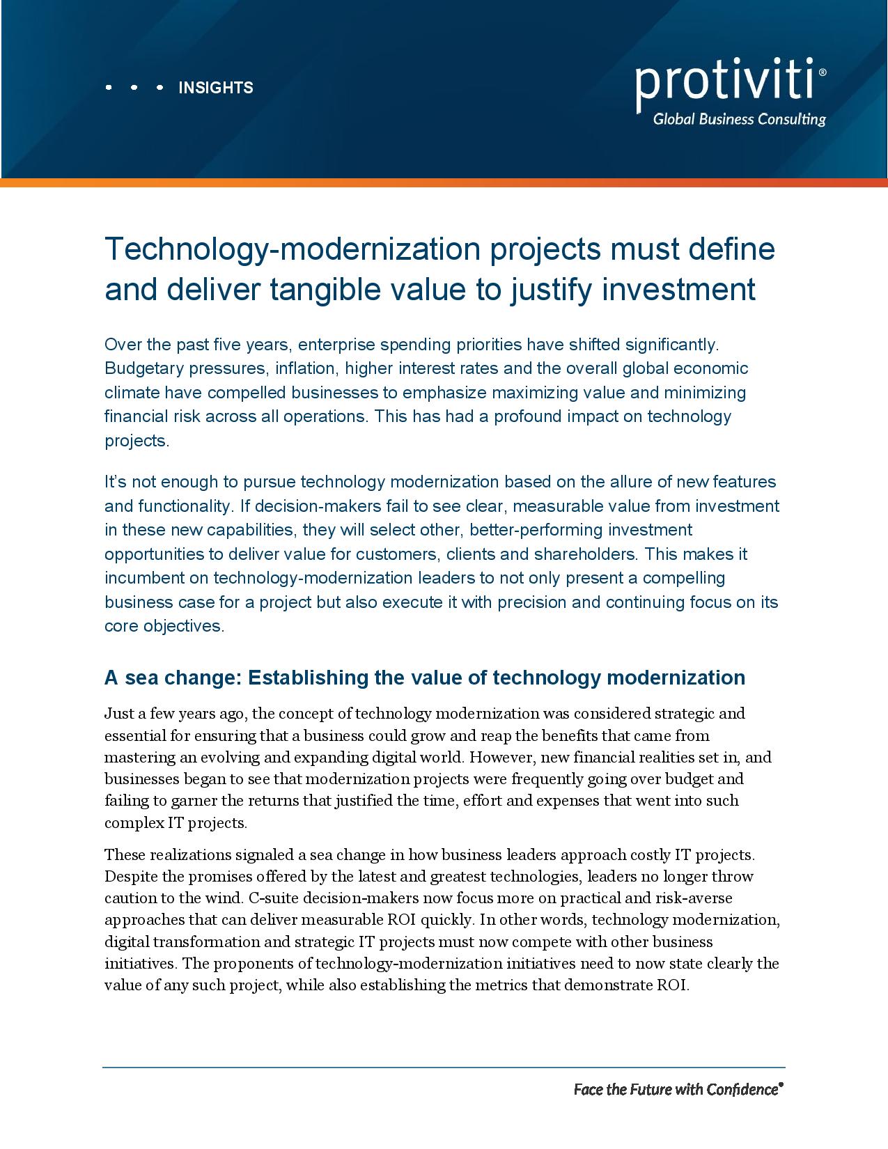 screenshot of the first page of Technology-Modernization Projects Must Define and Deliver Tangible Value to Justify Investment