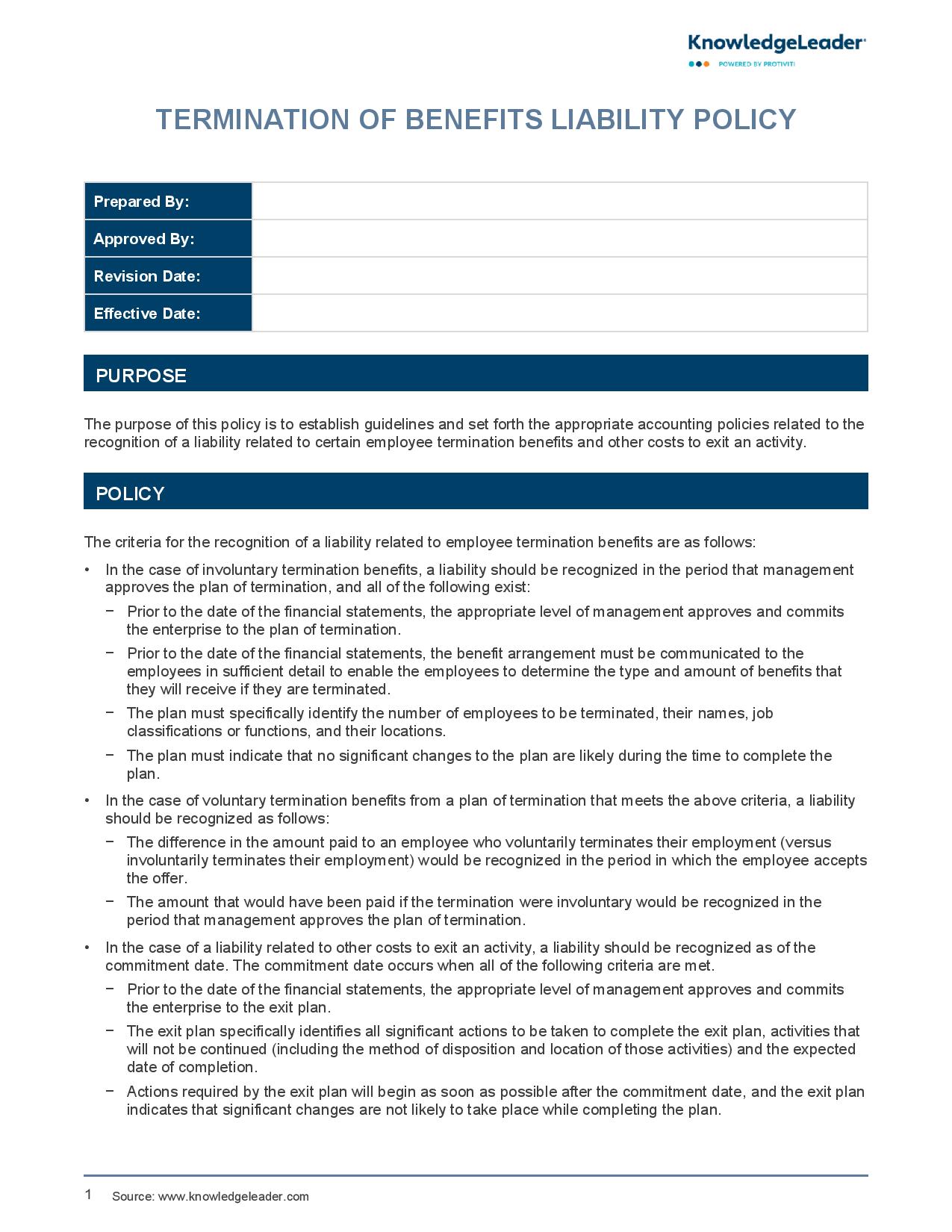 screenshot of the first page of Termination of Benefits Liability Policy