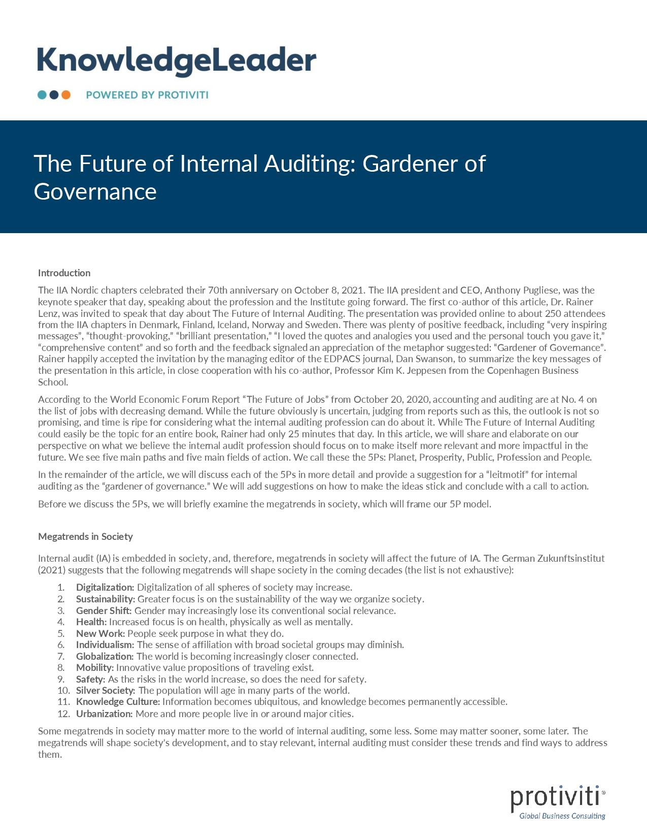 screenshot of the first page of The Future of Internal Auditing Gardener of Governance.