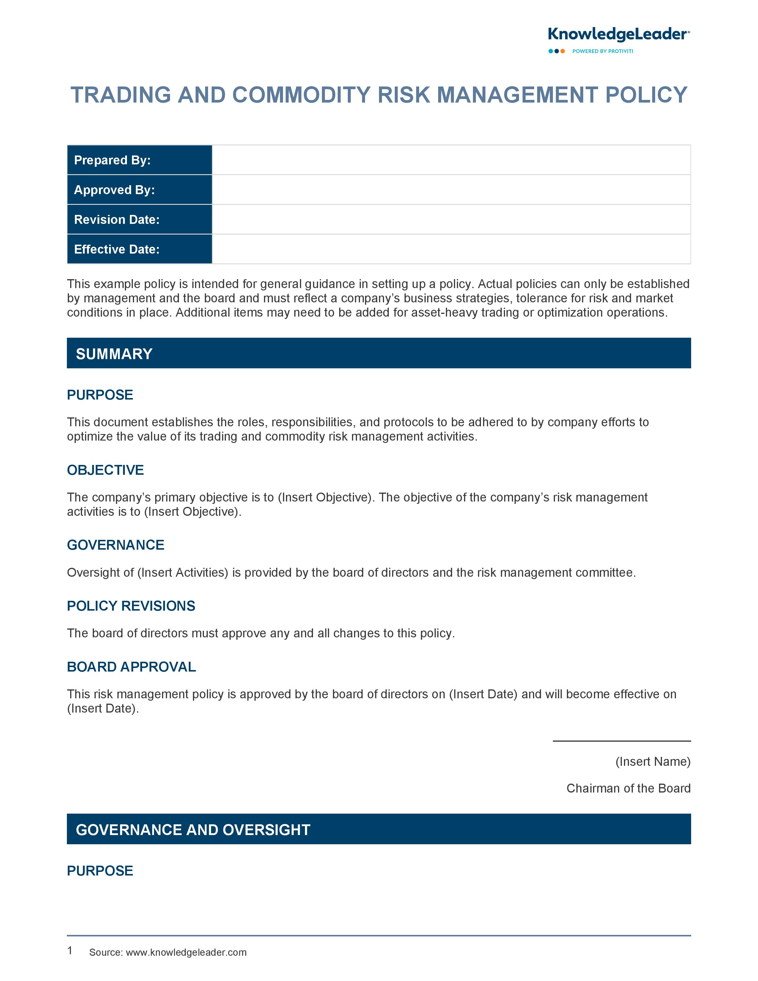 screenshot of the first page of Trading and Commodity Risk Management Policy