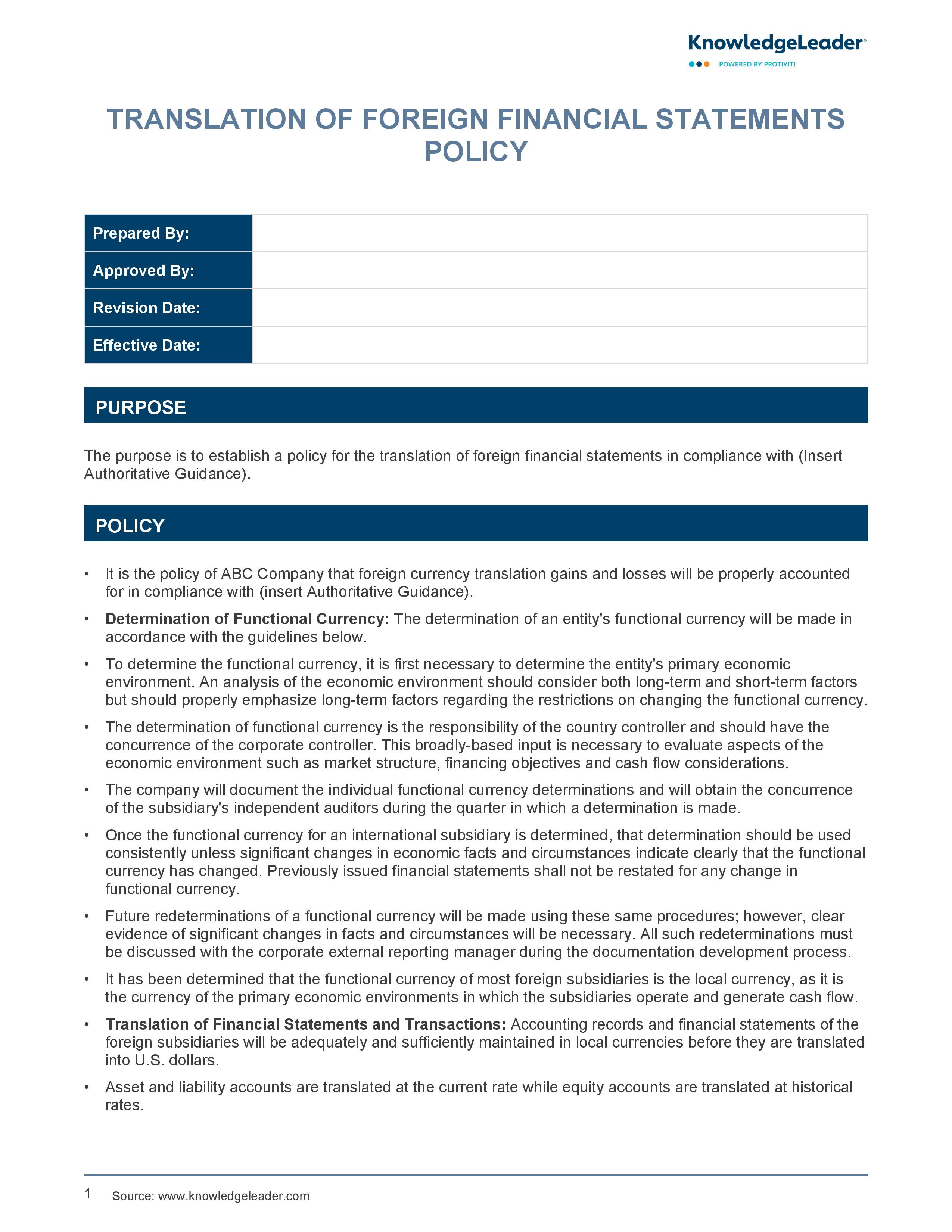 screenshot of the first page of Translation of Foreign Financial Statements Policy