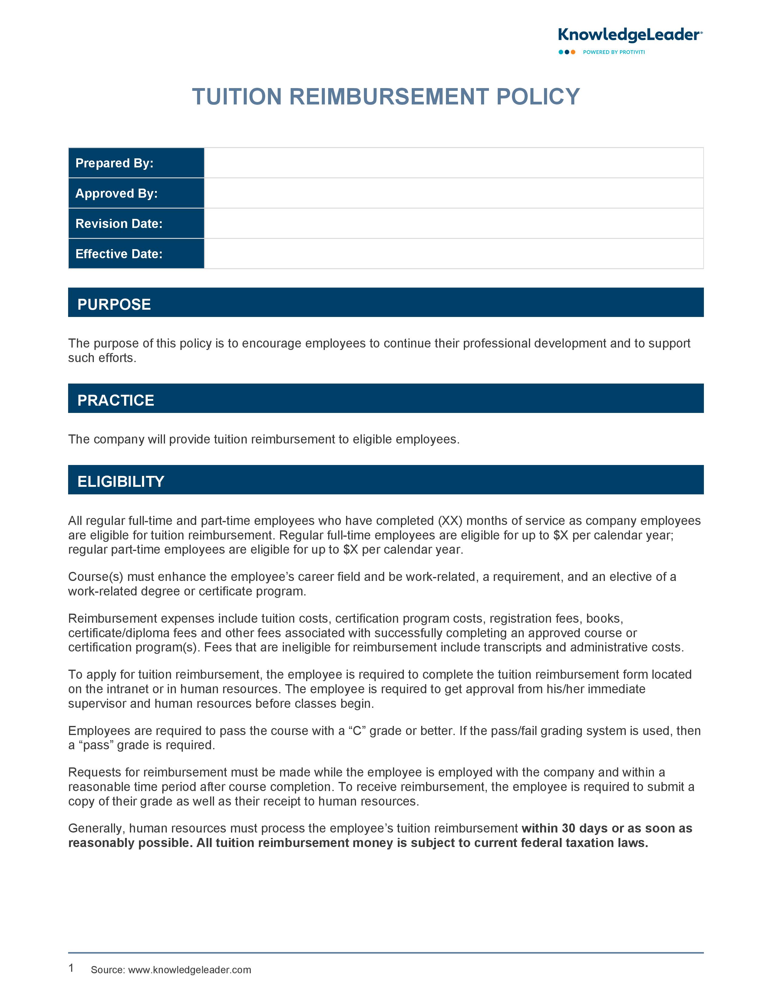 screenshot of the first page of Tuition Reimbursement Policy